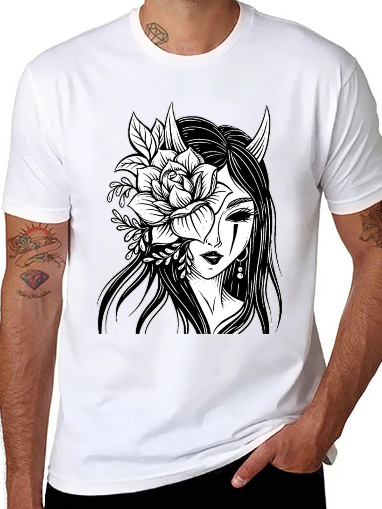 Floral Demon Graphic T-Shirt - Black