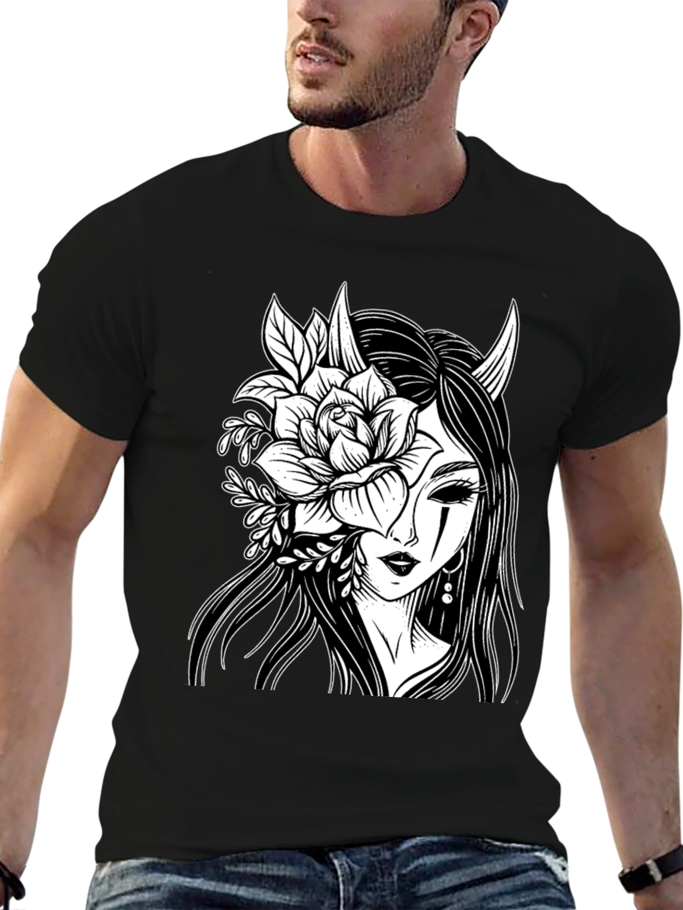 Floral Demon Graphic T-Shirt - Black