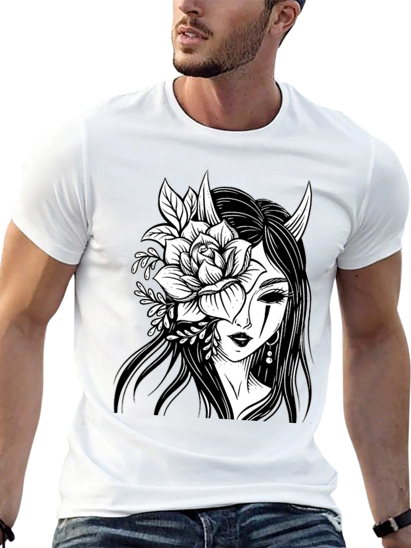 Floral Demon Graphic T-Shirt - Black