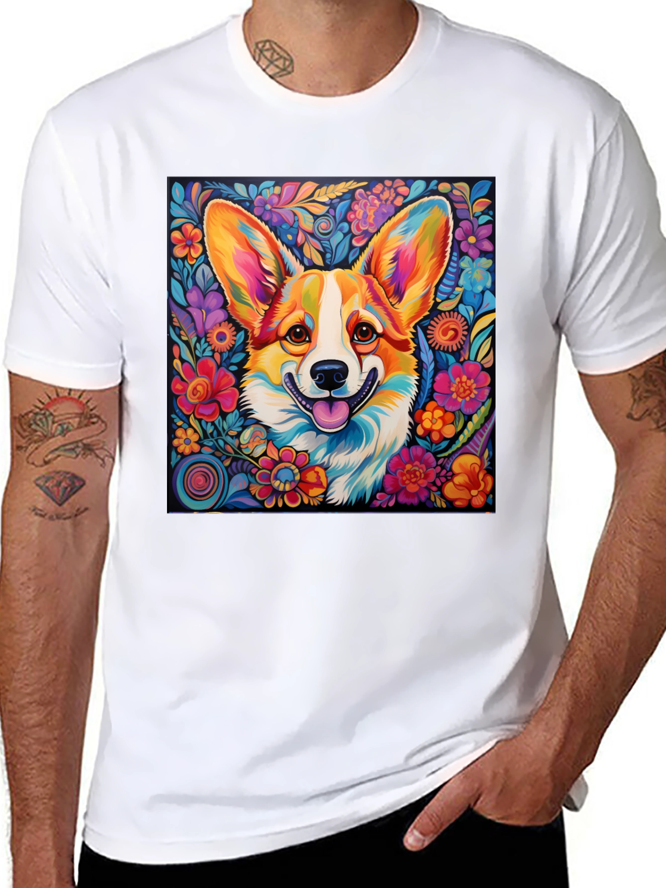 Vibrant Corgi Floral T-Shirt