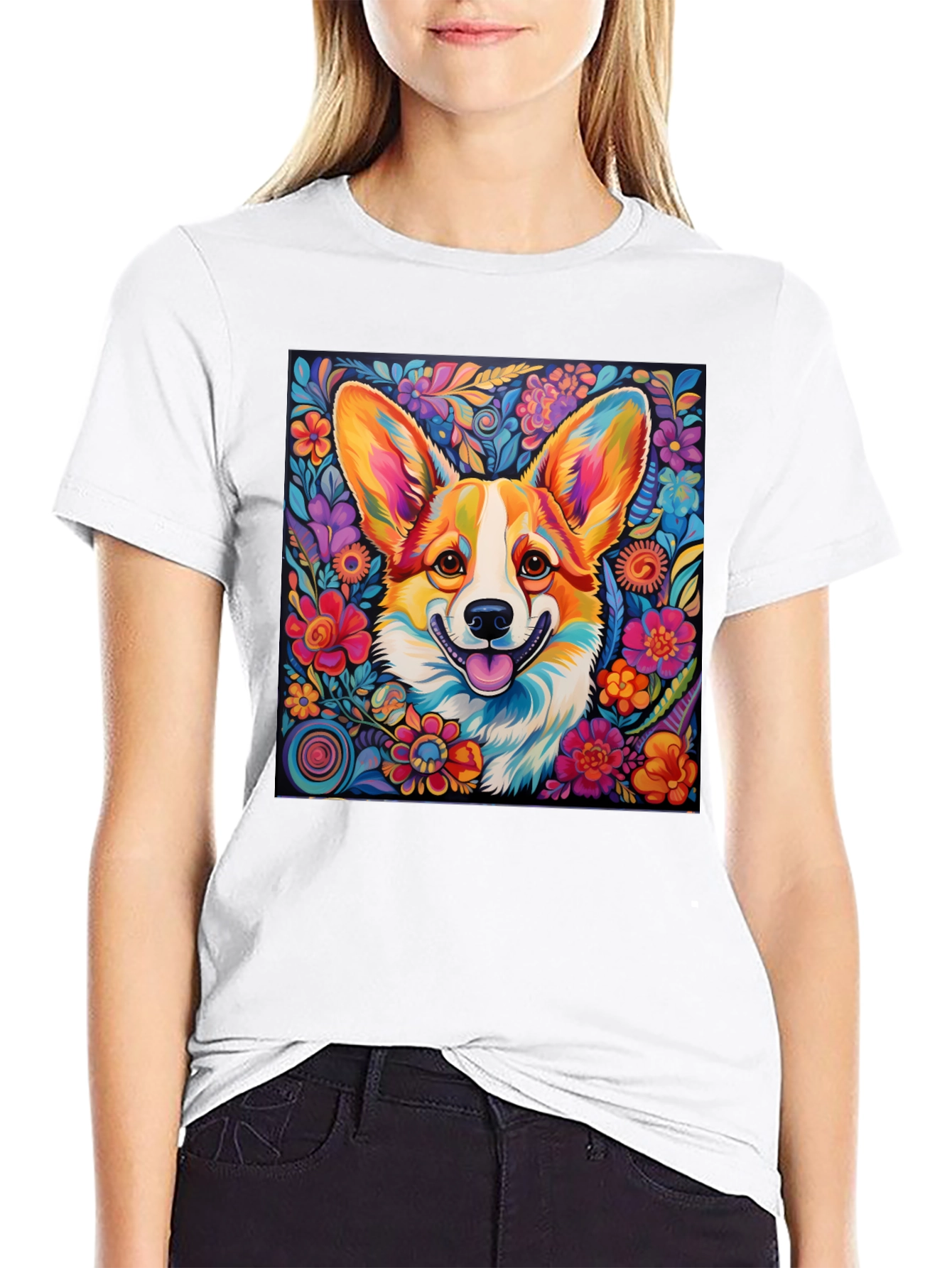 Vibrant Corgi Floral T-Shirt