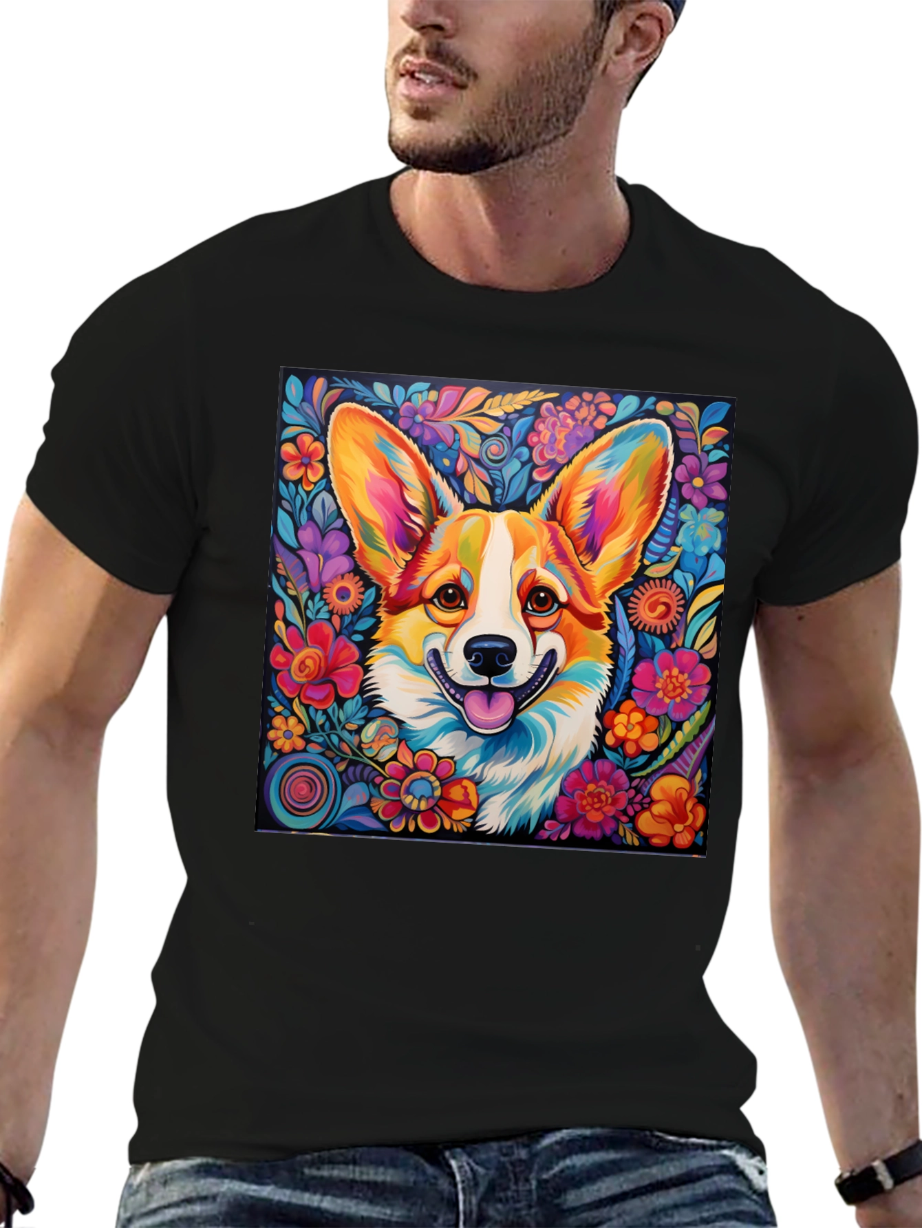 Vibrant Corgi Floral T-Shirt