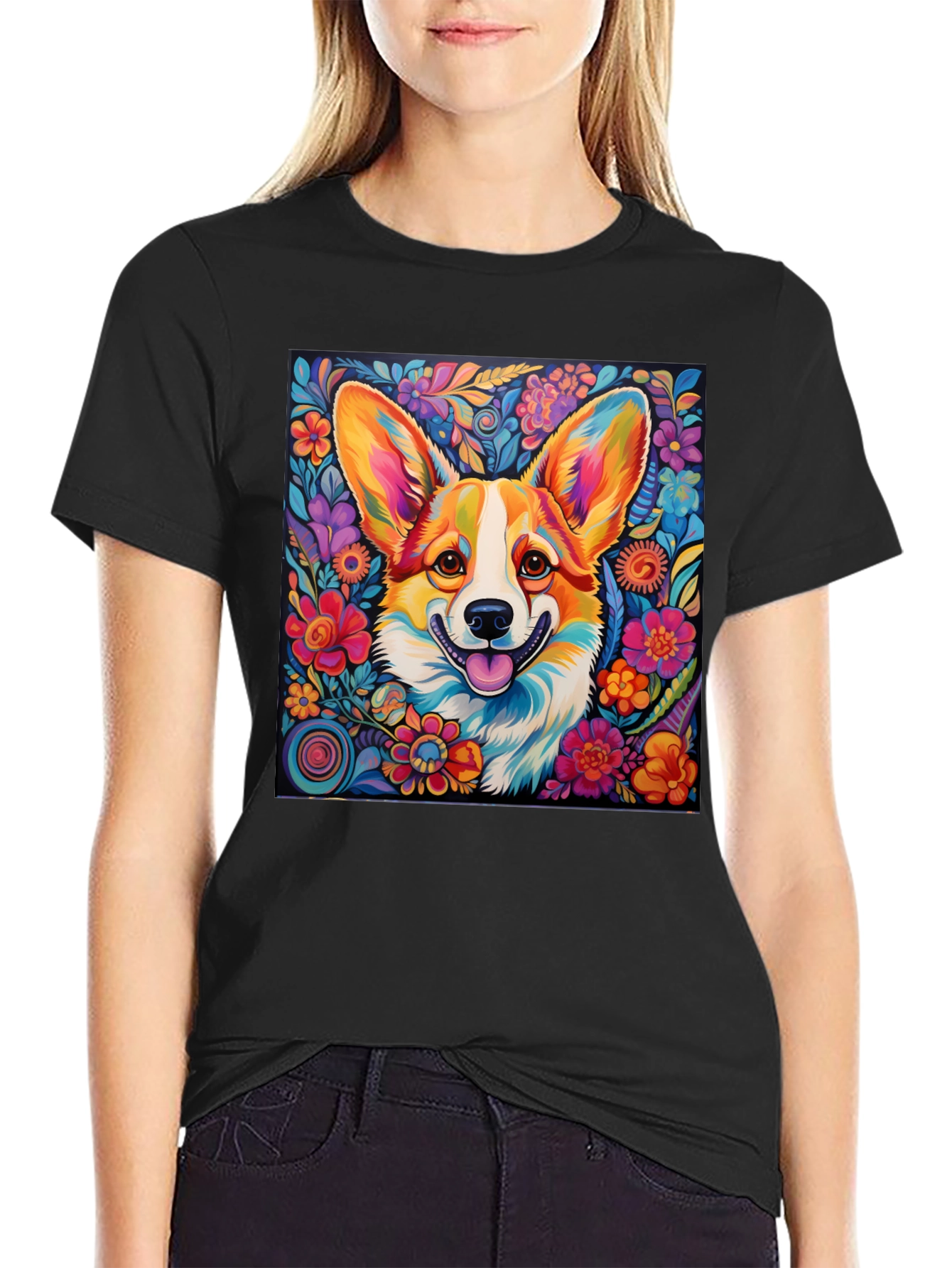 Vibrant Corgi Floral T-Shirt