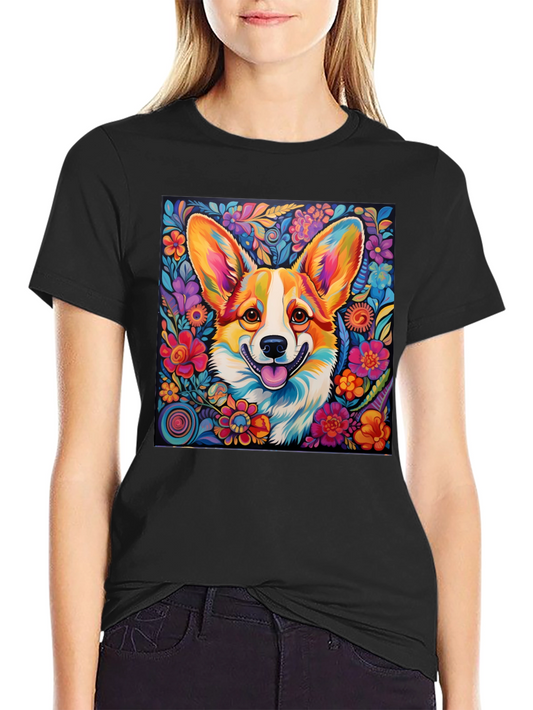 Vibrant Corgi Floral T-Shirt