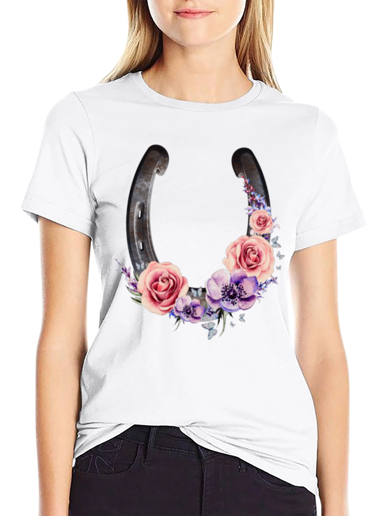 Floral Horseshoe Graphic Black T-Shirt