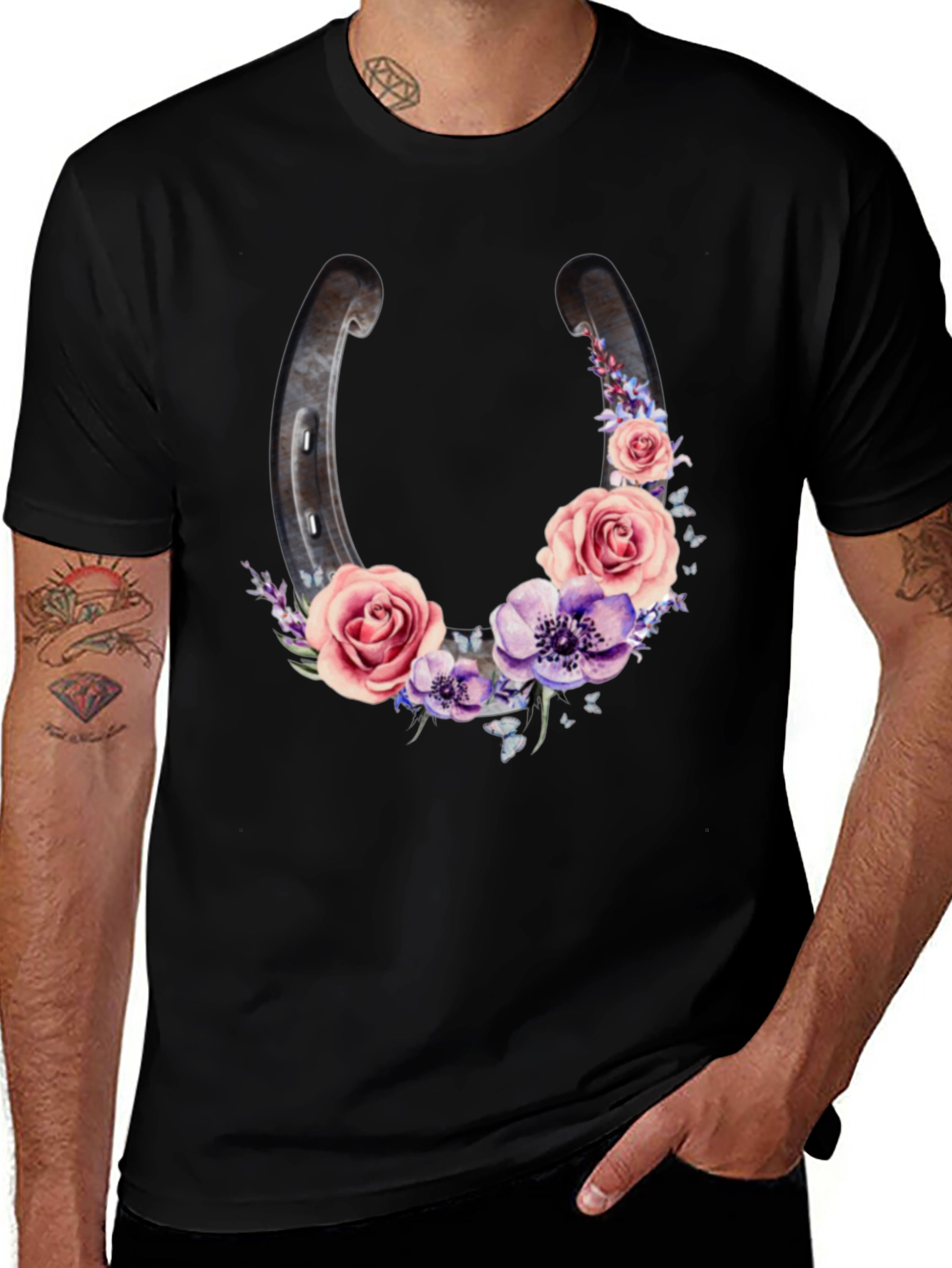 Floral Horseshoe Graphic Black T-Shirt