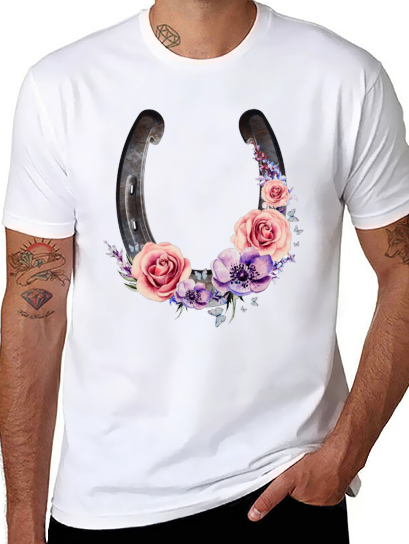 Floral Horseshoe Graphic Black T-Shirt