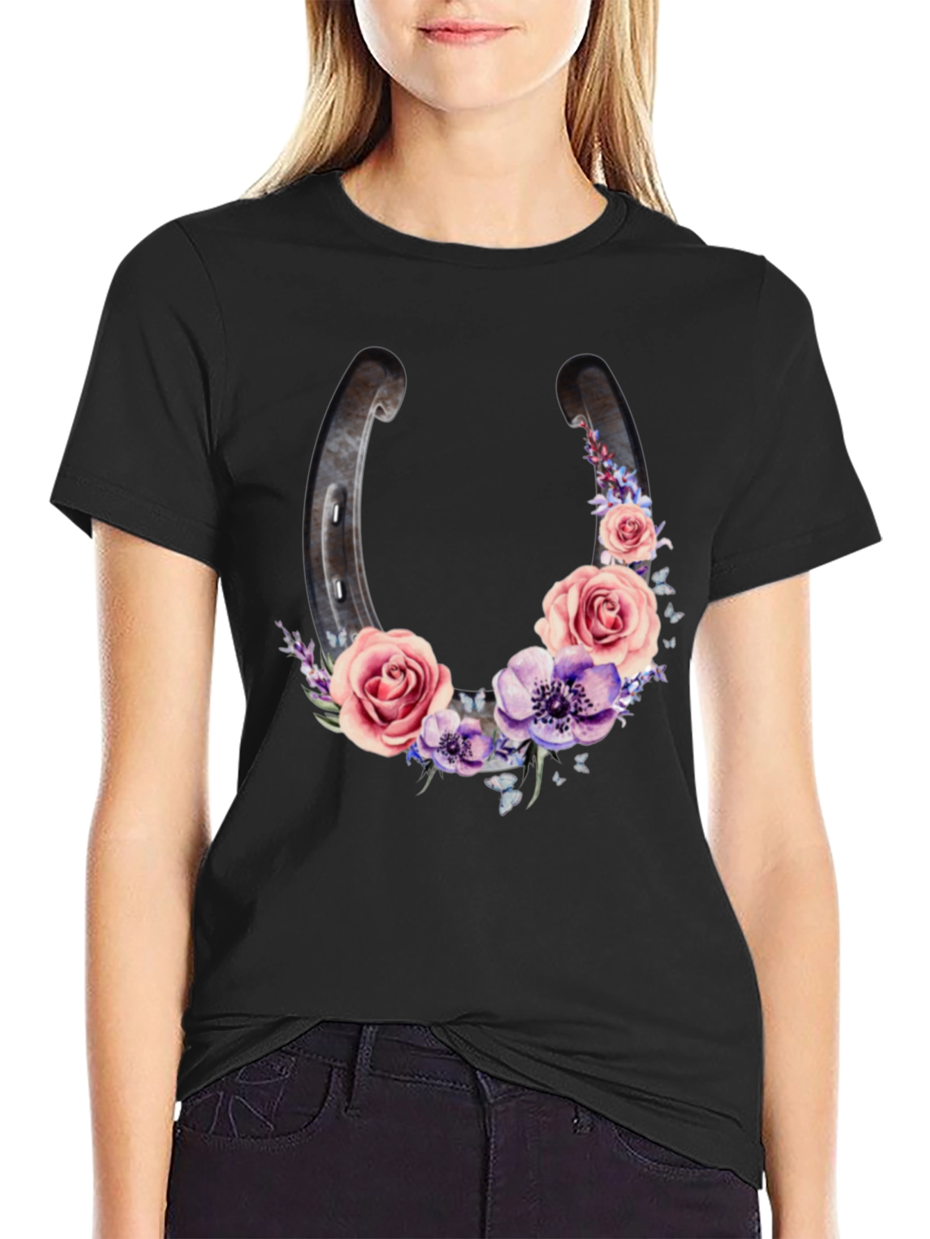 Floral Horseshoe Graphic Black T-Shirt