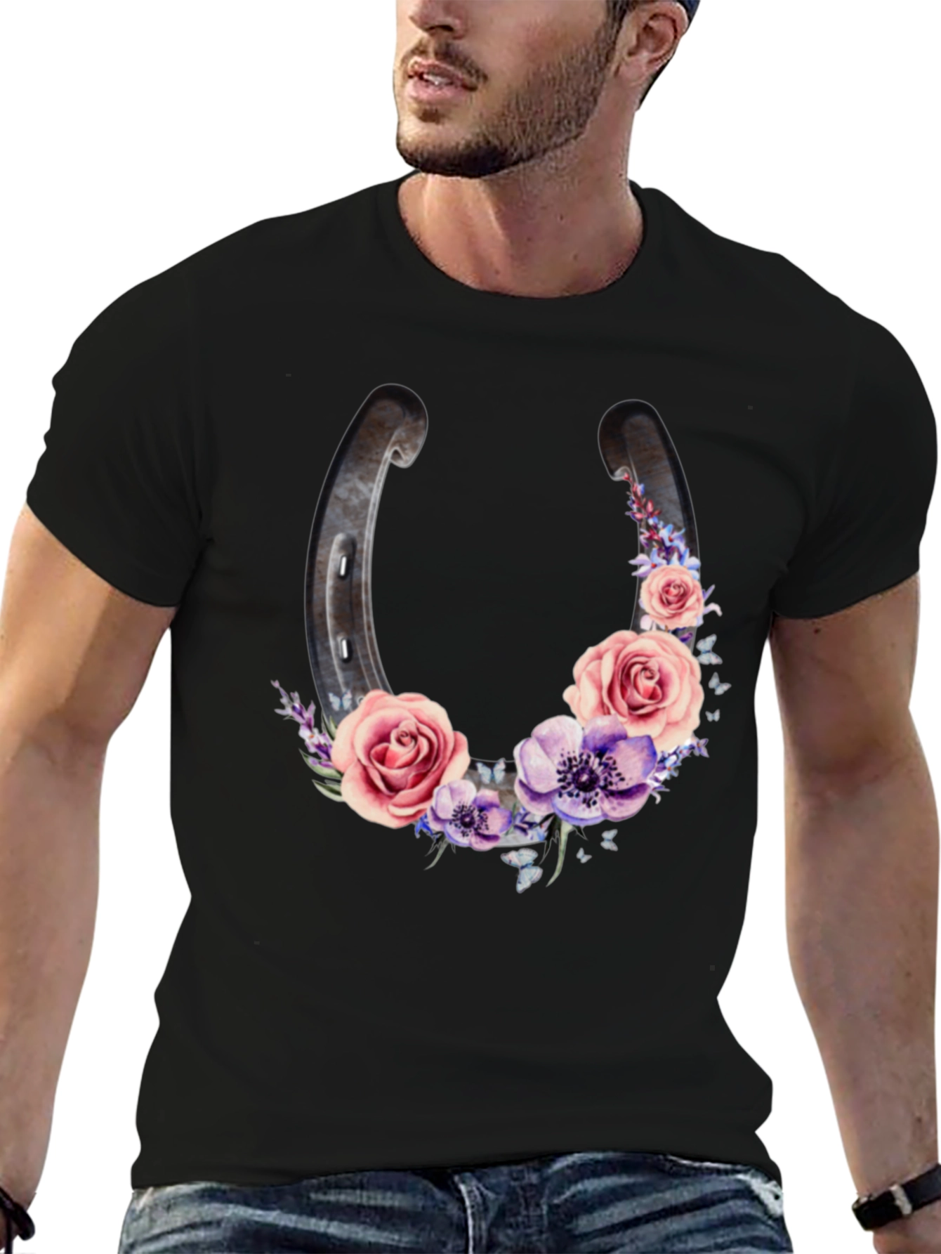 Floral Horseshoe Graphic Black T-Shirt