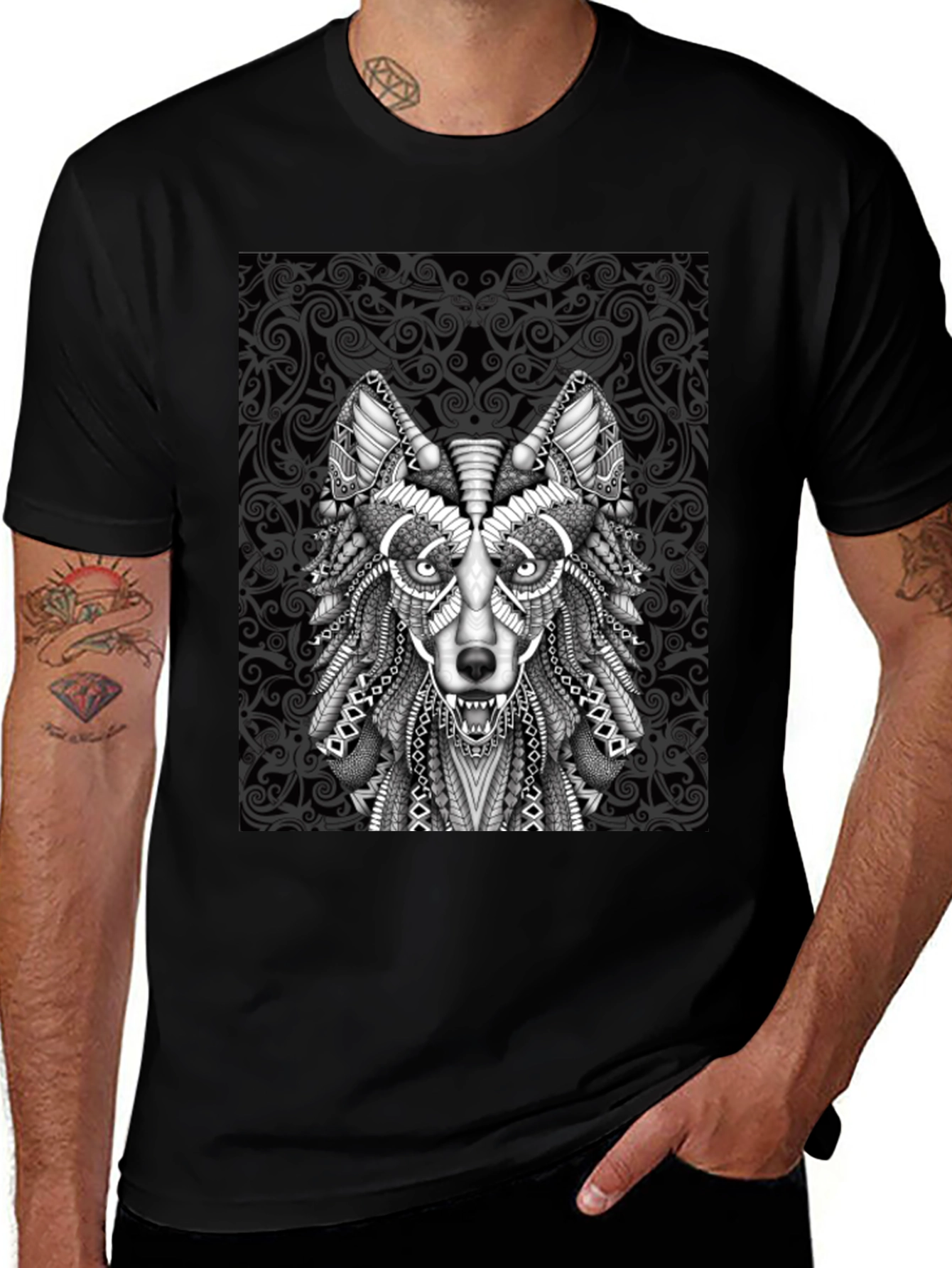 Wolf Graphic Tee - Tribal Art Style
