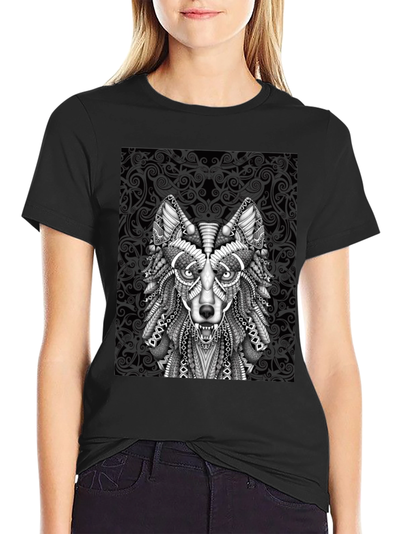 Wolf Graphic Tee - Tribal Art Style