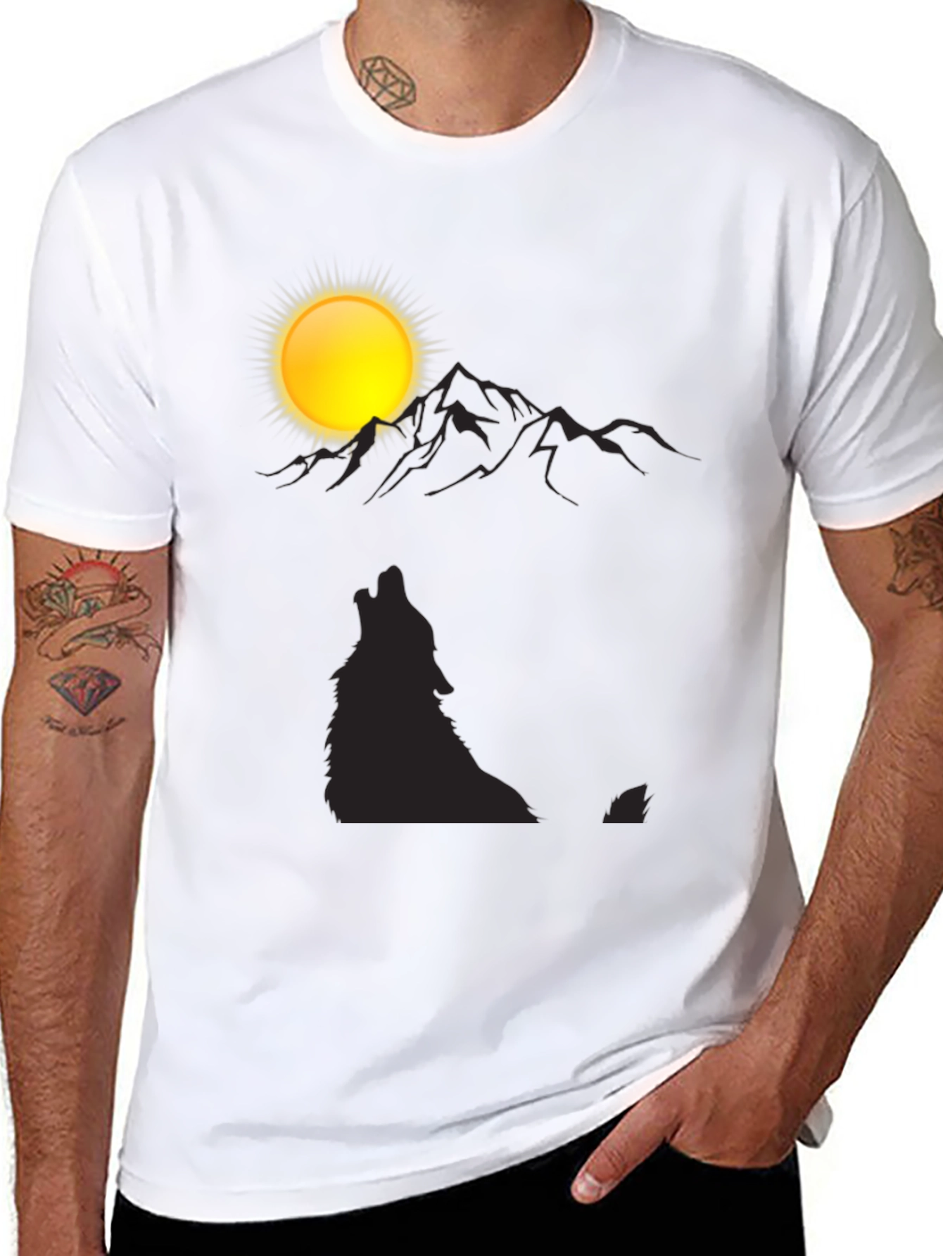 Wolf Howling at Moon Mountain Black T-Shirt