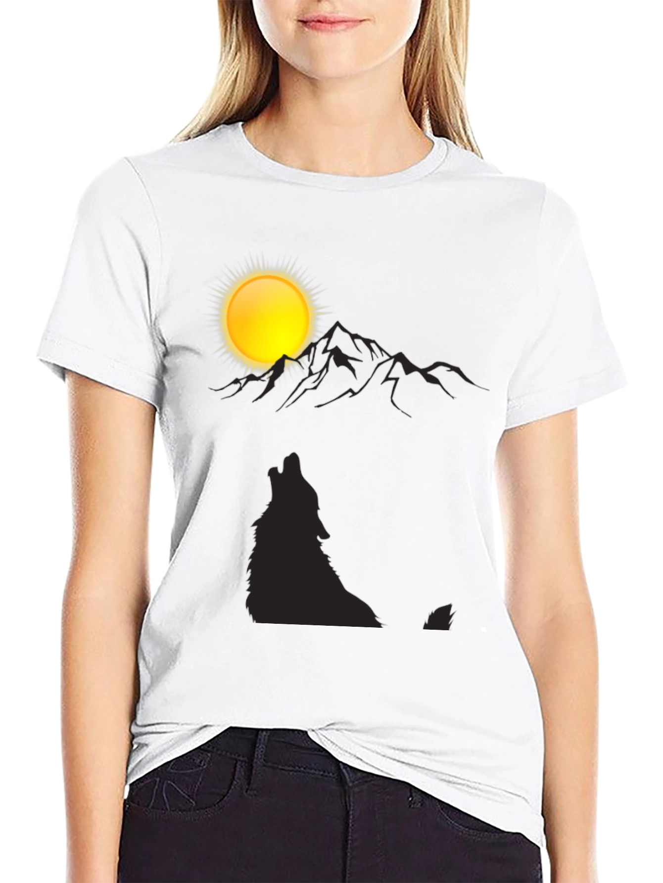 Wolf Howling at Moon Mountain Black T-Shirt