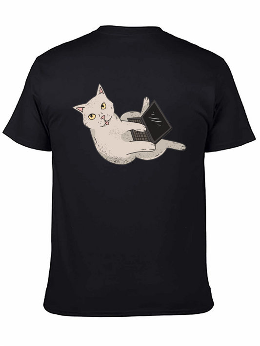 Cat with Laptop Black T-Shirt