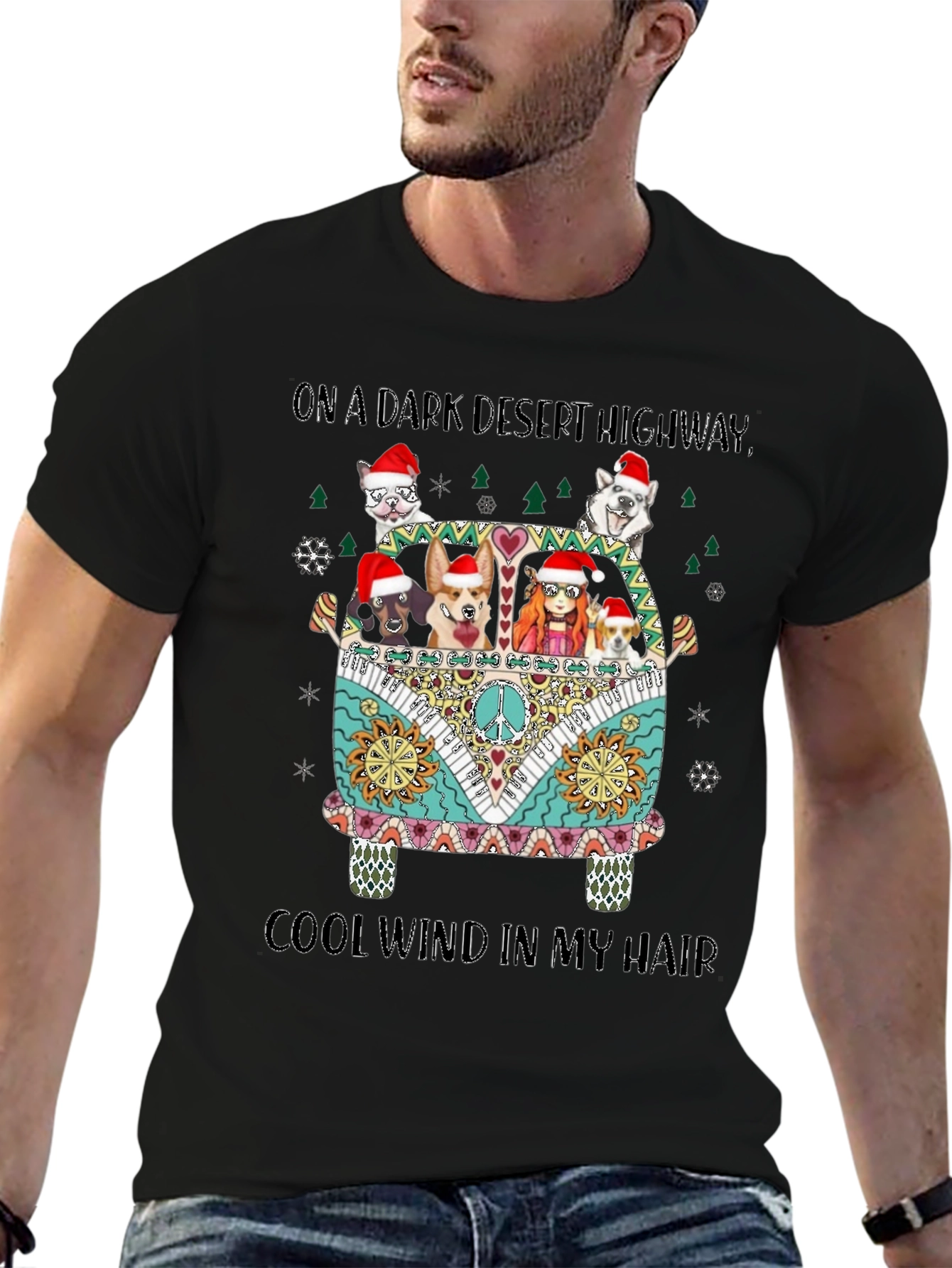 On A Dark Desert Highway Dogs Christmas T-Shirt