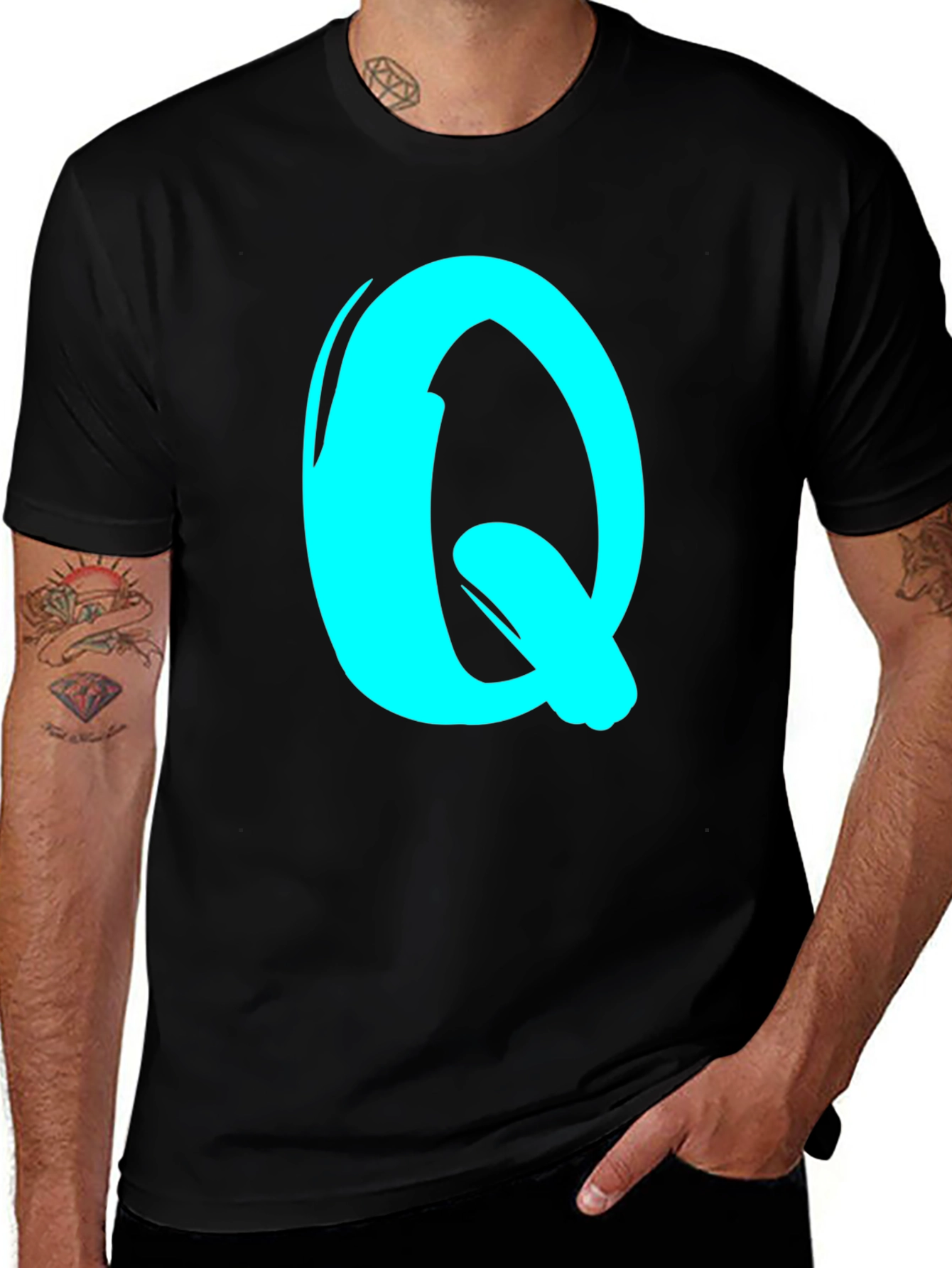 Black Tee with Cyan Letter Q Graphic Print