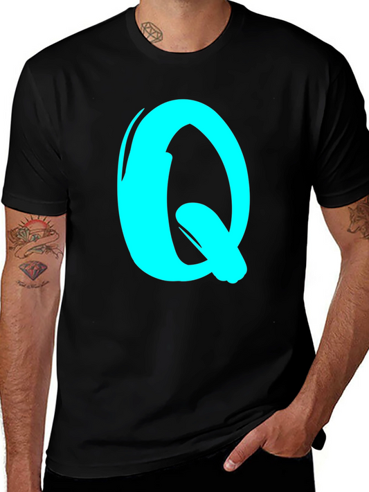 Black Tee with Cyan Letter Q Graphic Print