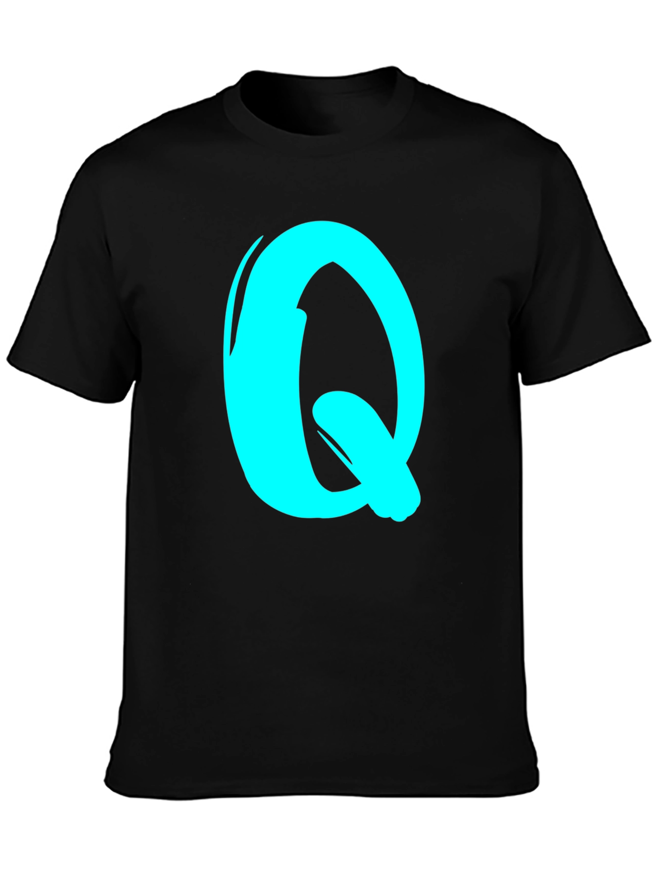 Black Tee with Cyan Letter Q Graphic Print