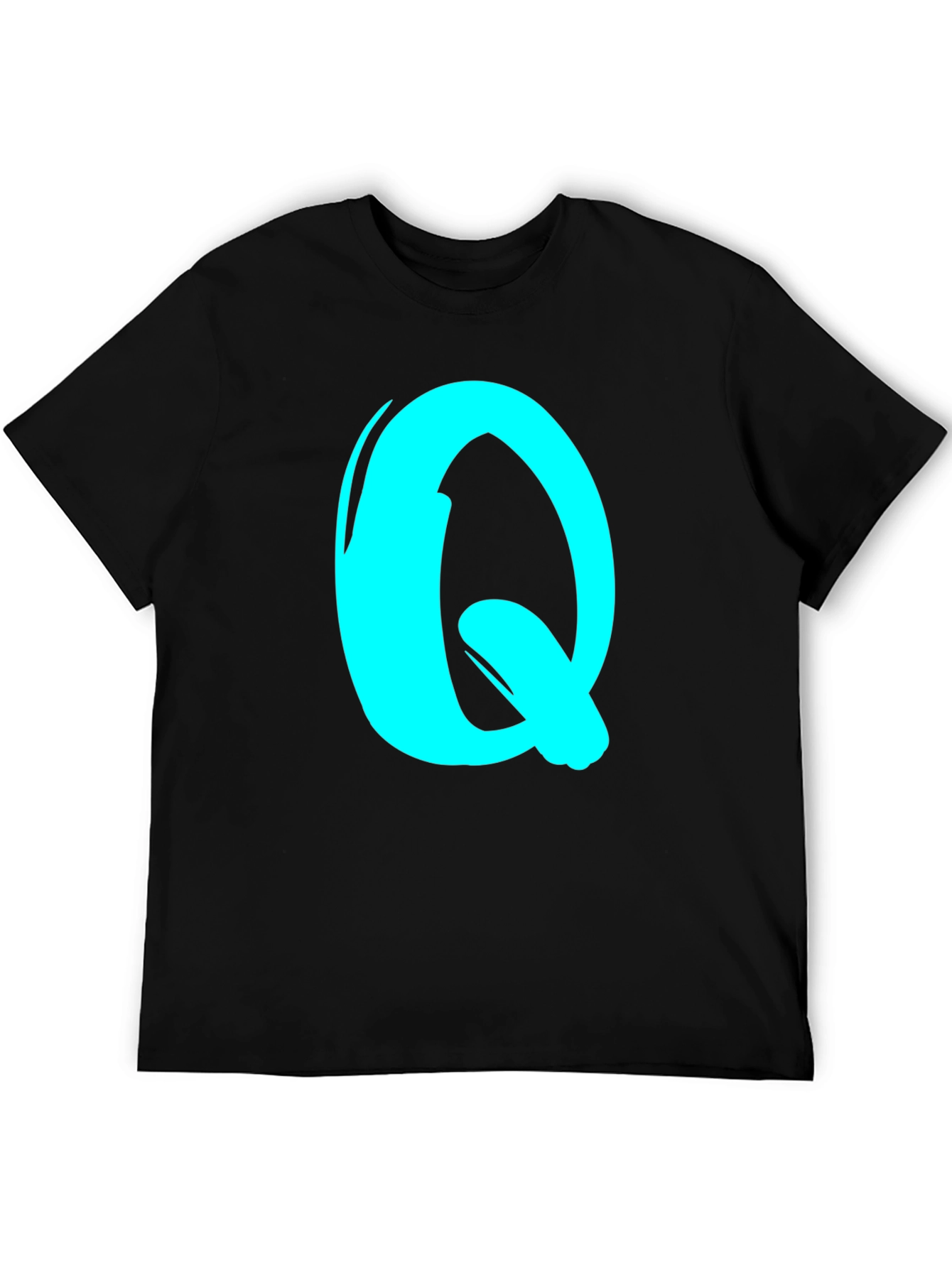 Black Tee with Cyan Letter Q Graphic Print