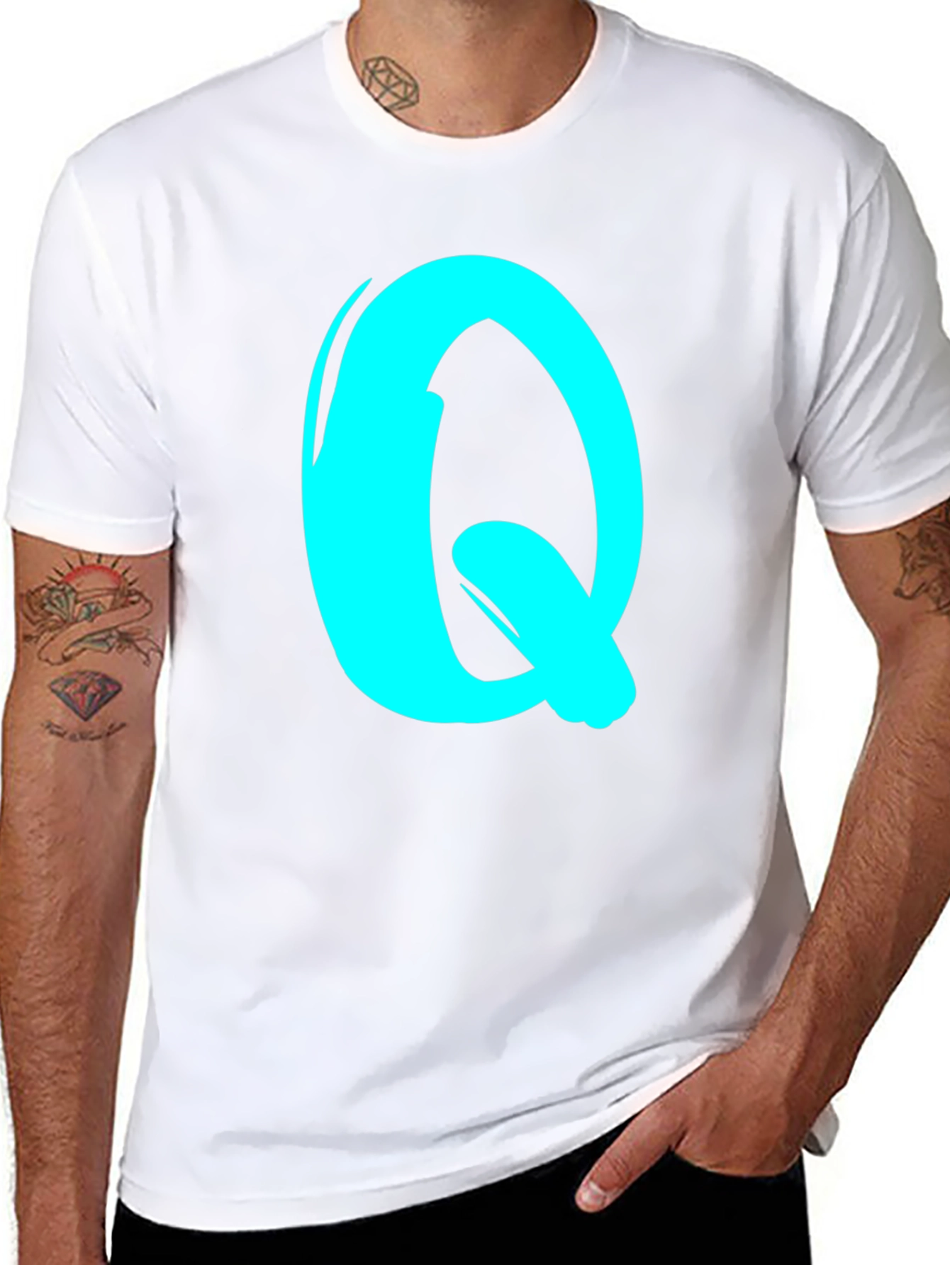 Black Tee with Cyan Letter Q Graphic Print