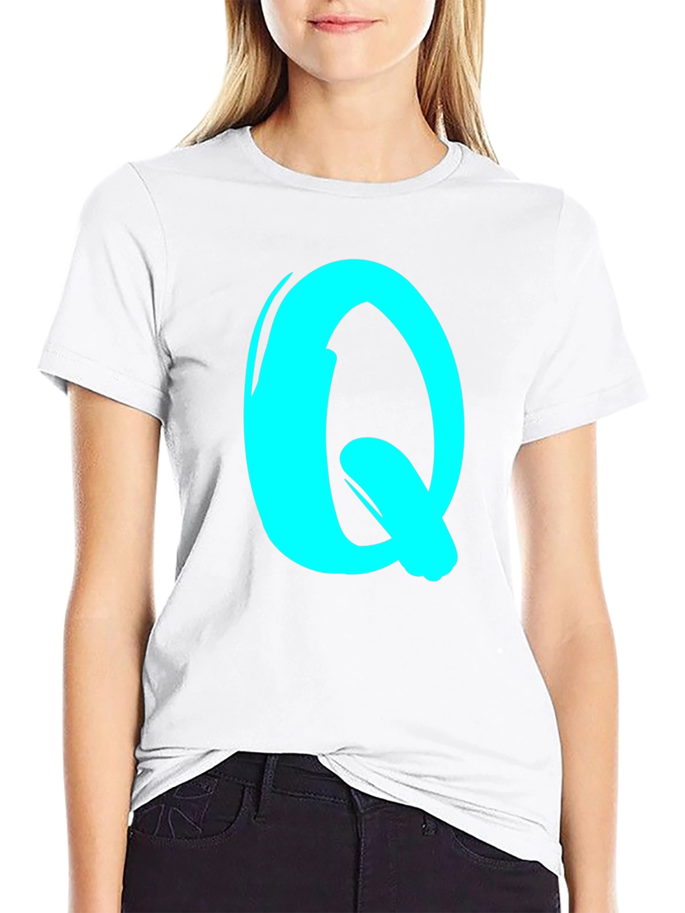 Black Tee with Cyan Letter Q Graphic Print