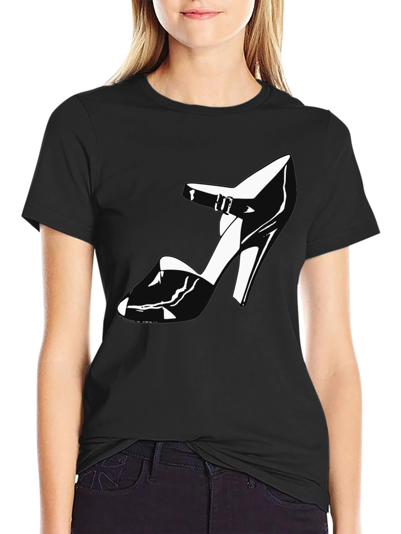 Black T-Shirt with High Heel Shoe Graphic