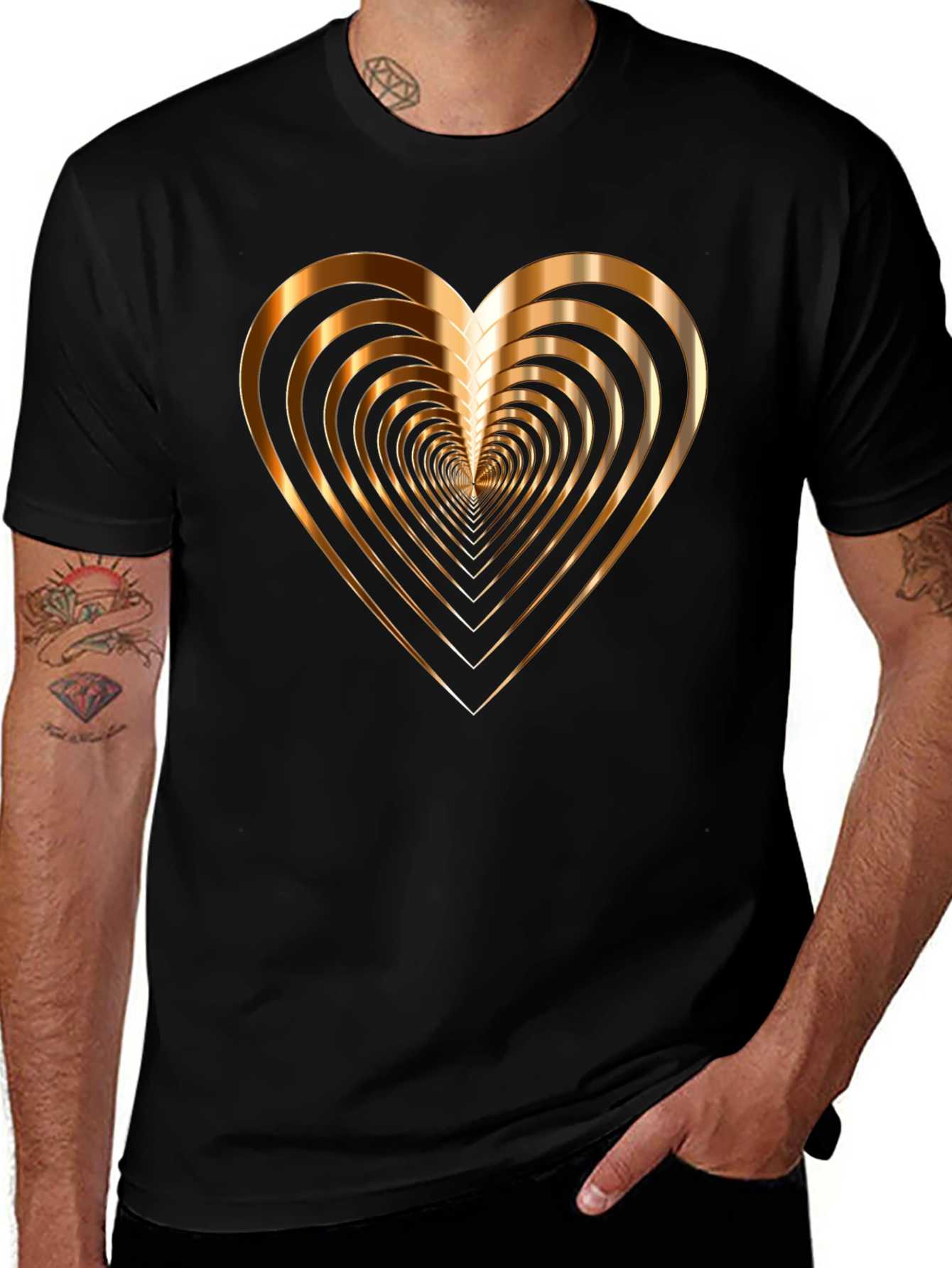 Golden Heart Graphic Print Mens Black T-Shirt