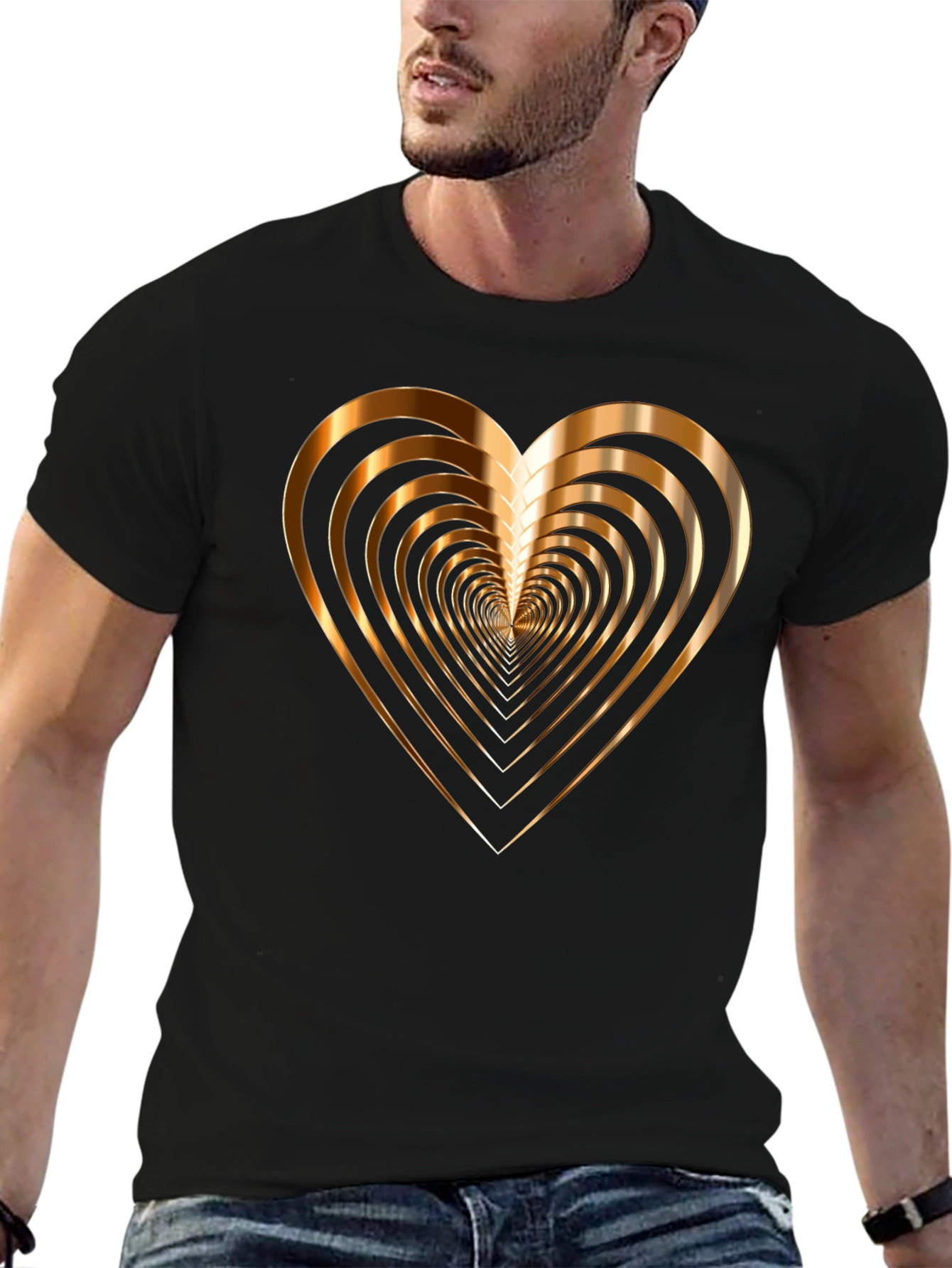 Golden Heart Graphic Print Mens Black T-Shirt