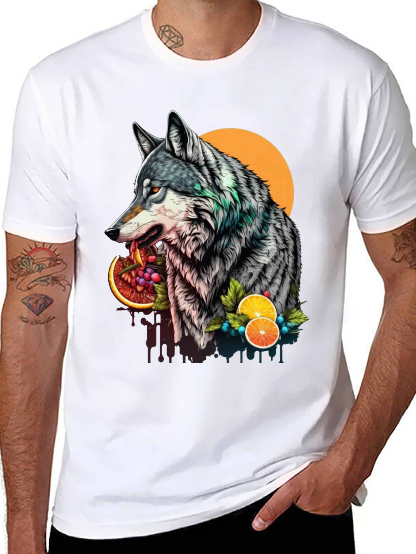 Wolf and Fruit Graphic Tee - Modern Streetwear Style