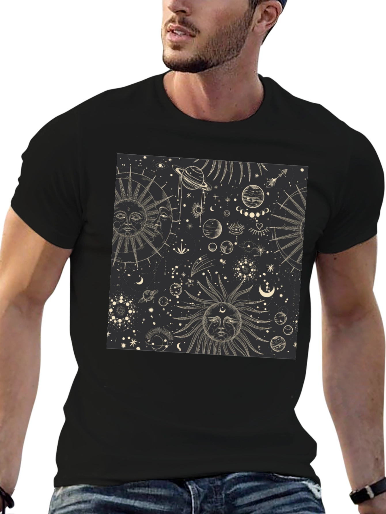 Celestial Sun & Moon Graphic Print Black T-Shirt