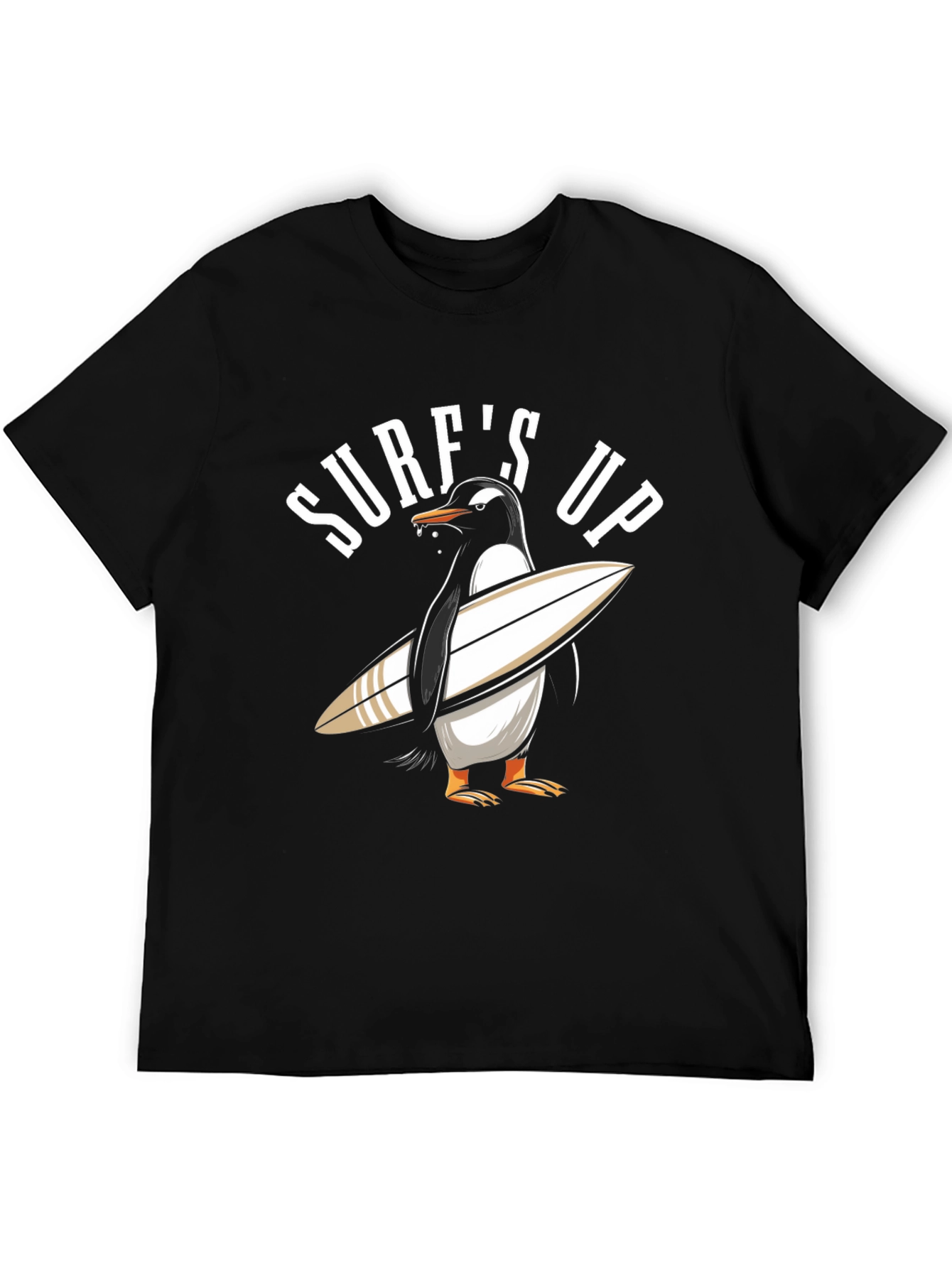 Surfs Up Penguin Graphic Tee - Black Cotton T-Shirt