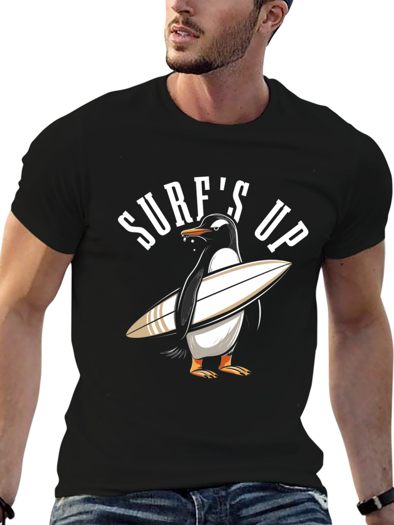 Surfs Up Penguin Graphic Tee - Black Cotton T-Shirt
