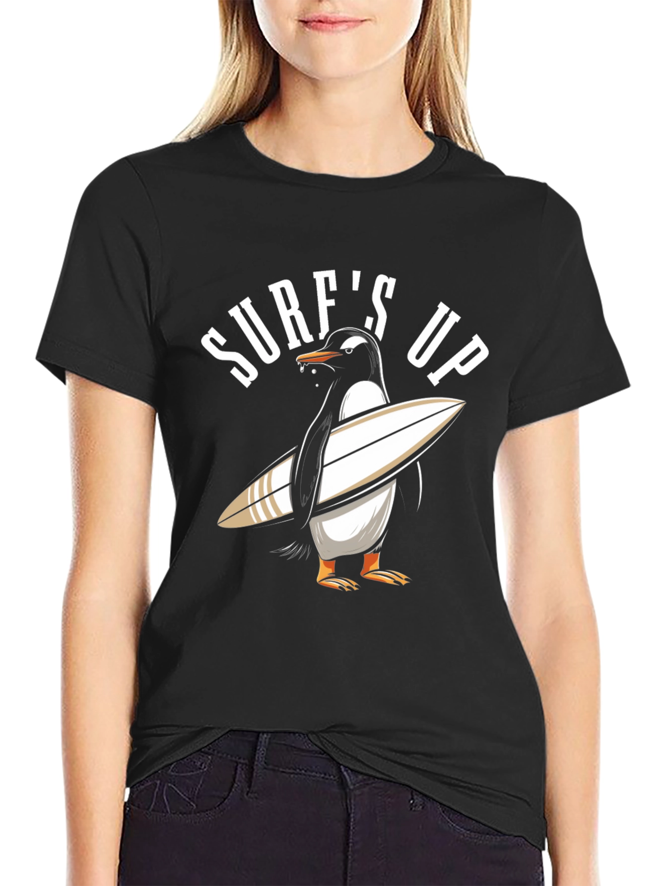 Surfs Up Penguin Graphic Tee - Black Cotton T-Shirt