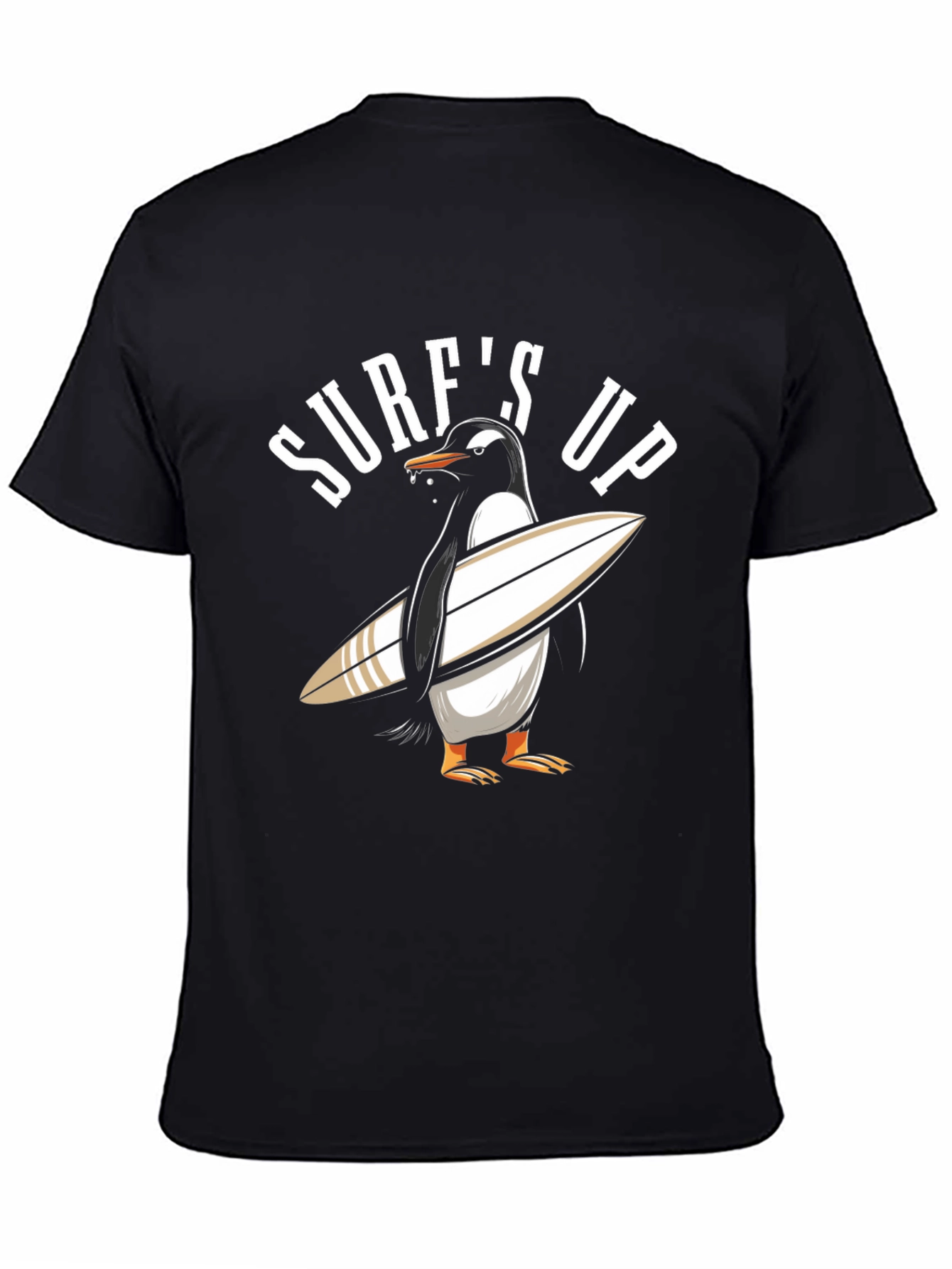 Surfs Up Penguin Graphic Tee - Black Cotton T-Shirt