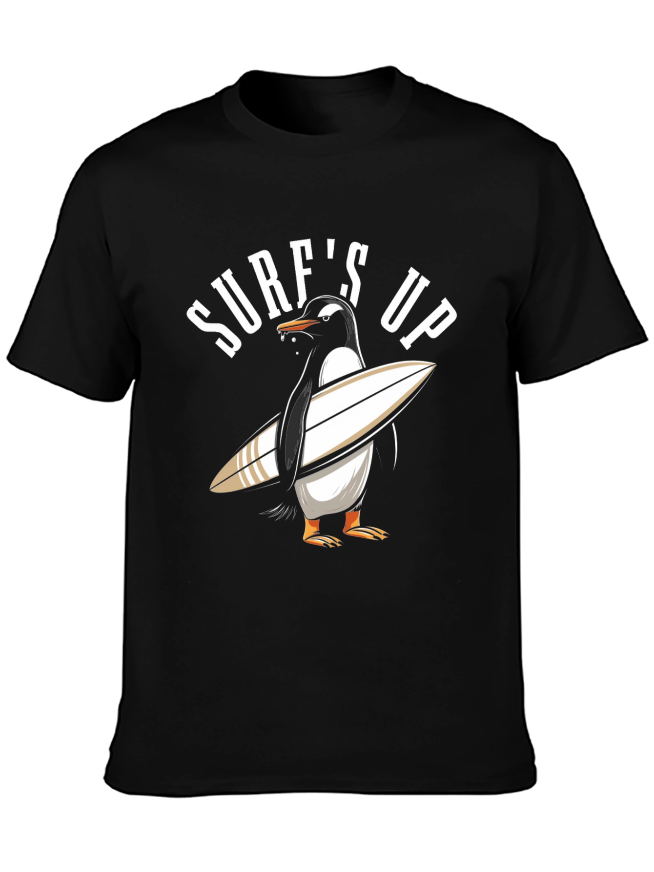 Surfs Up Penguin Graphic Tee - Black Cotton T-Shirt