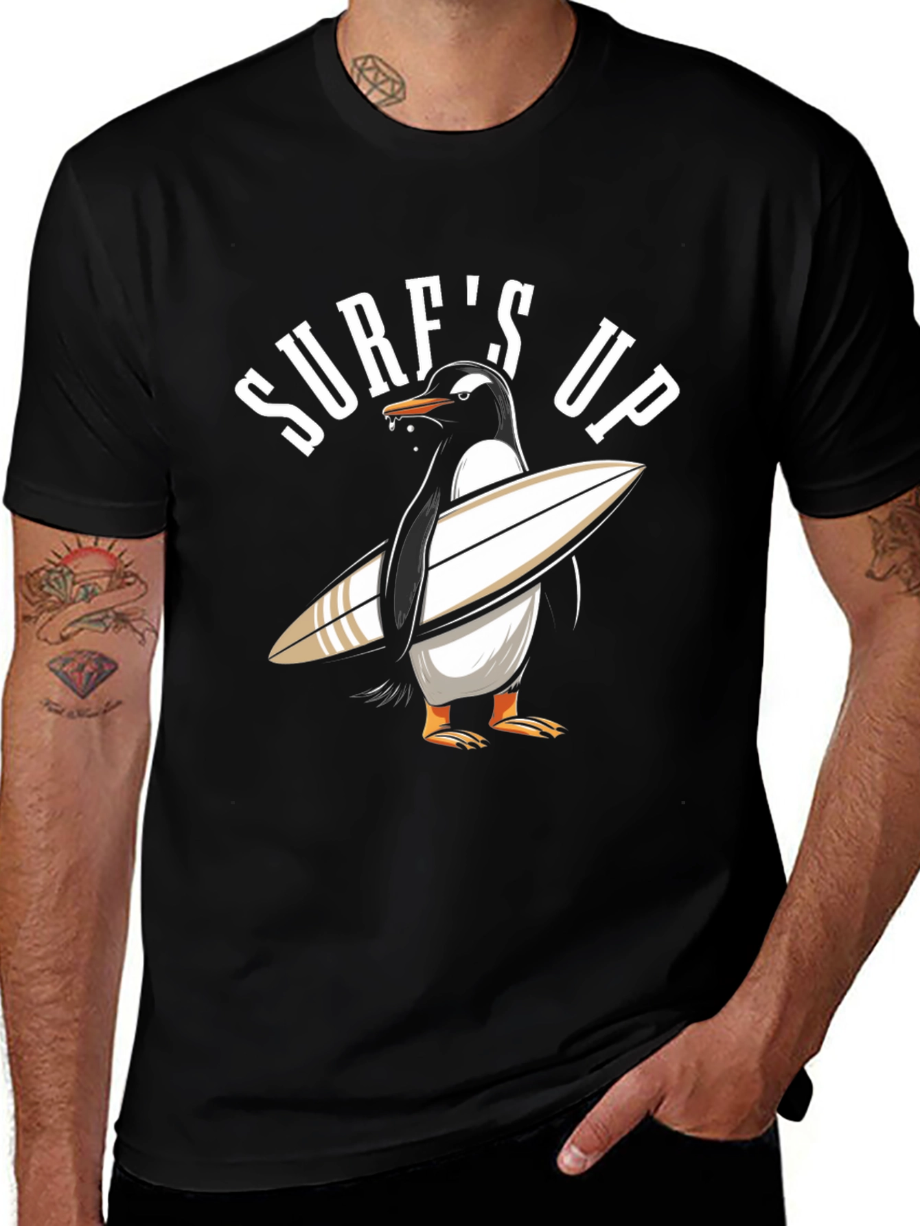 Surfs Up Penguin Graphic Tee - Black Cotton T-Shirt