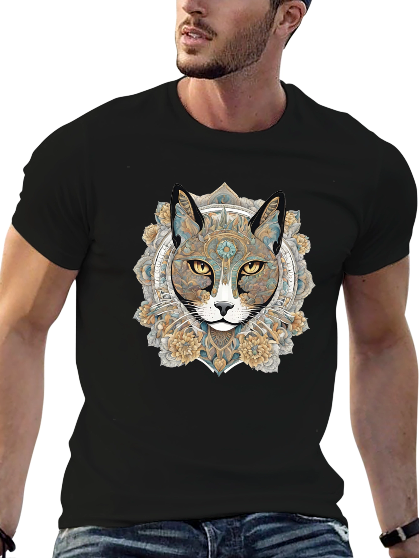 Mystic Cat Mandala Graphic T-Shirt - Unique Artistic Design