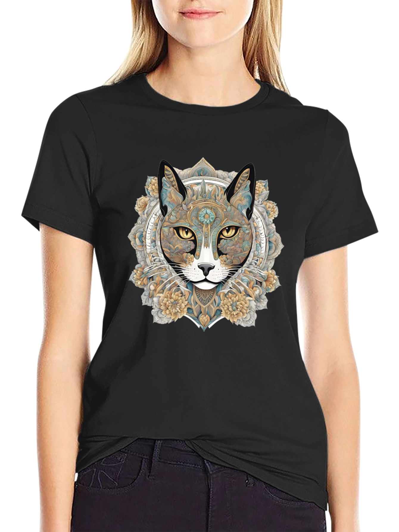 Mystic Cat Mandala Graphic T-Shirt - Unique Artistic Design