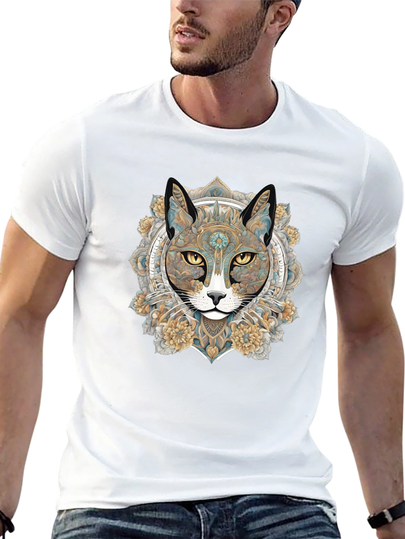 Mystic Cat Mandala Graphic T-Shirt - Unique Artistic Design