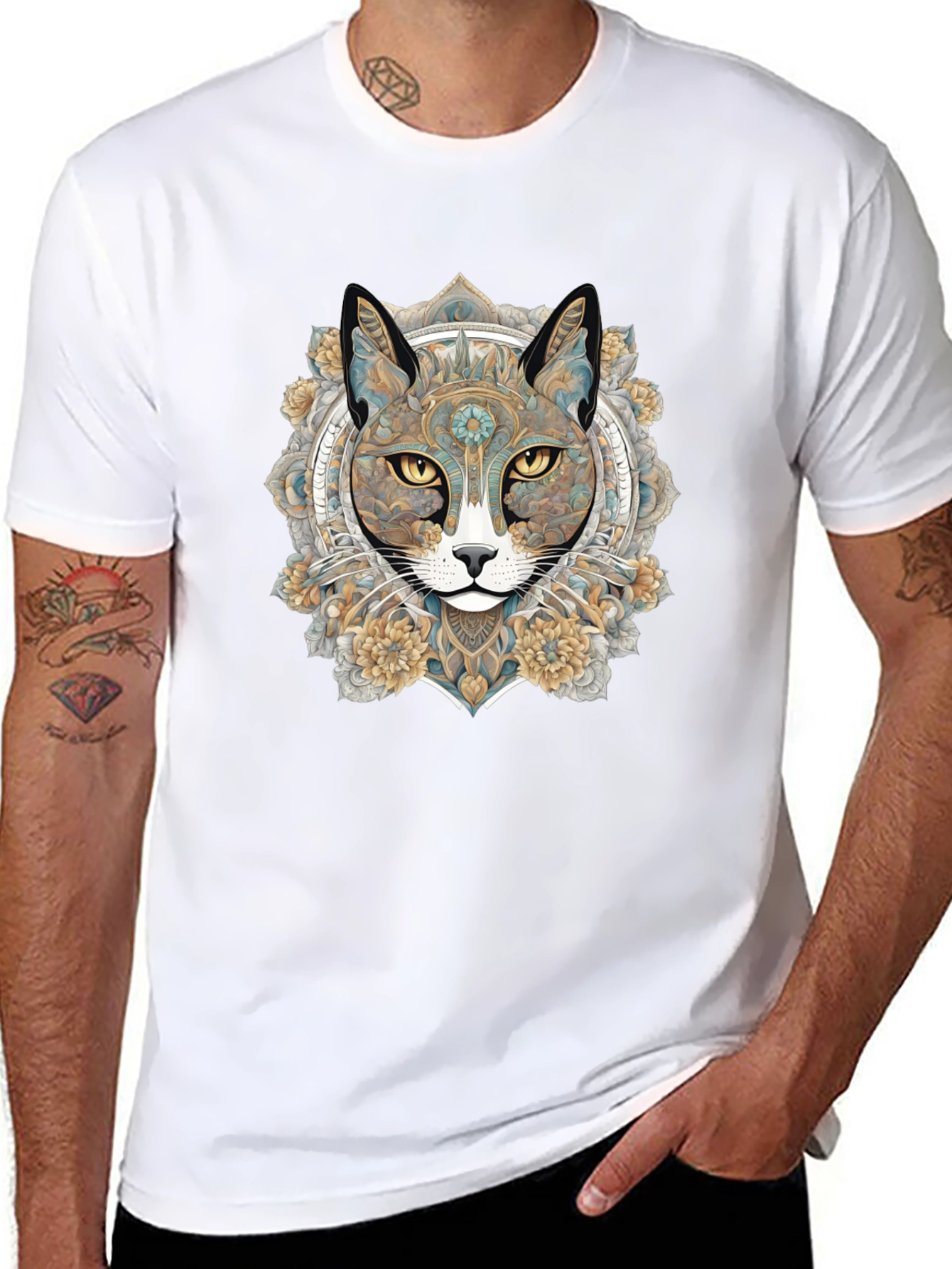 Mystic Cat Mandala Graphic T-Shirt - Unique Artistic Design