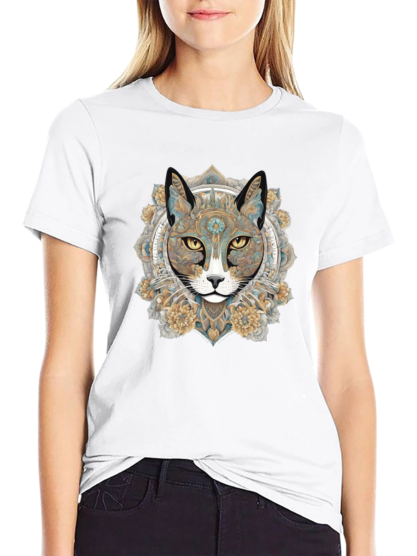 Mystic Cat Mandala Graphic T-Shirt - Unique Artistic Design