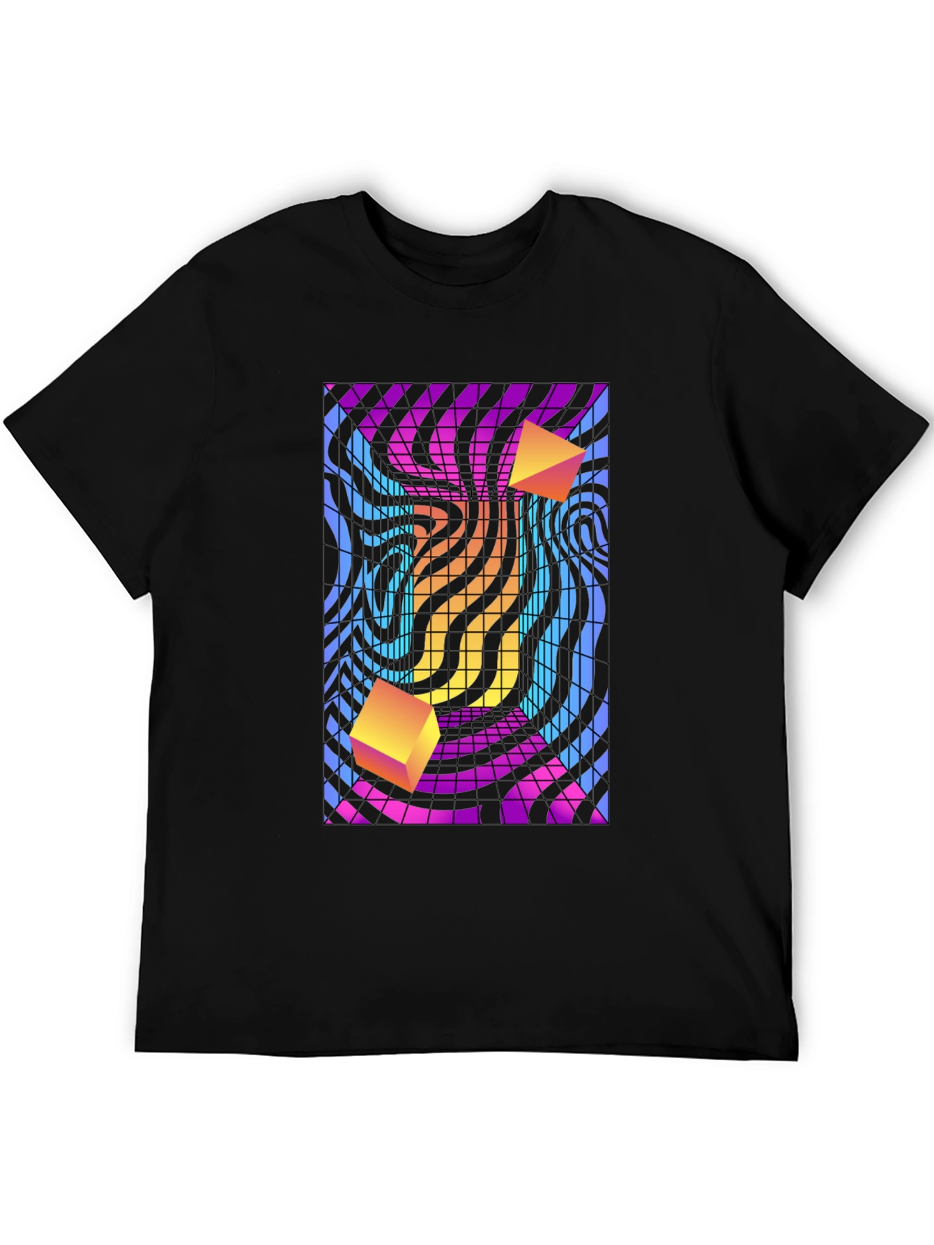 Retro Wave T-Shirt with Geometric Cube Design