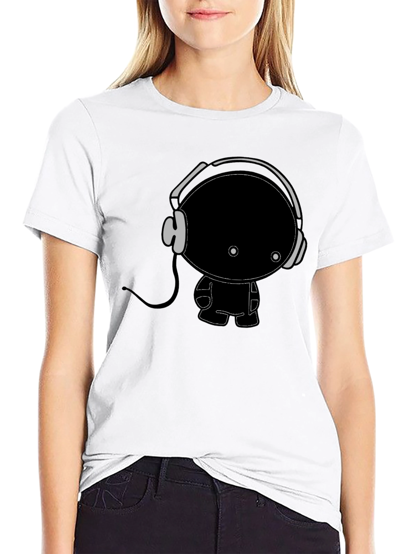 Cartoon Character with Headphones Black T-Shirt