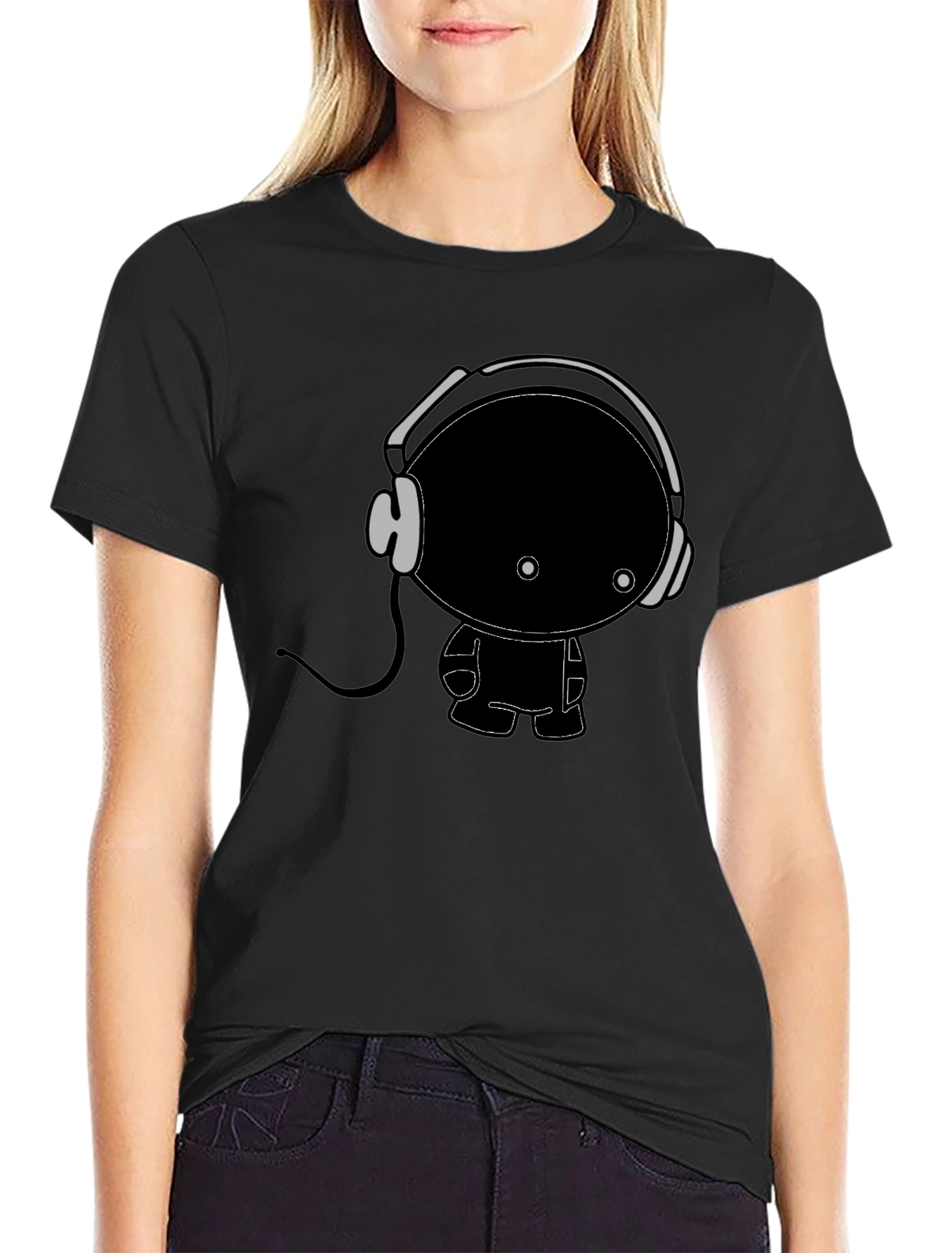 Cartoon Character with Headphones Black T-Shirt