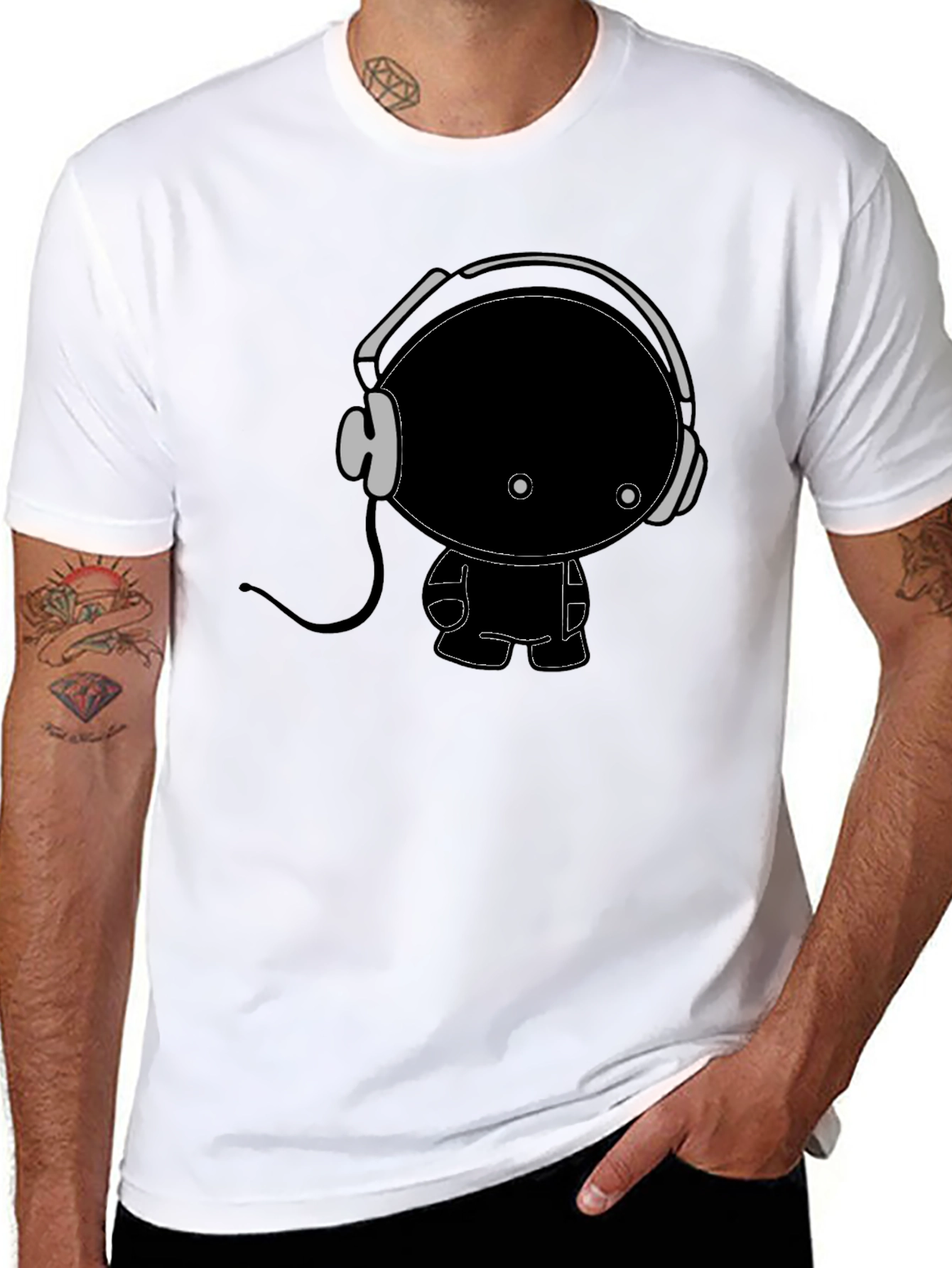 Cartoon Character with Headphones Black T-Shirt