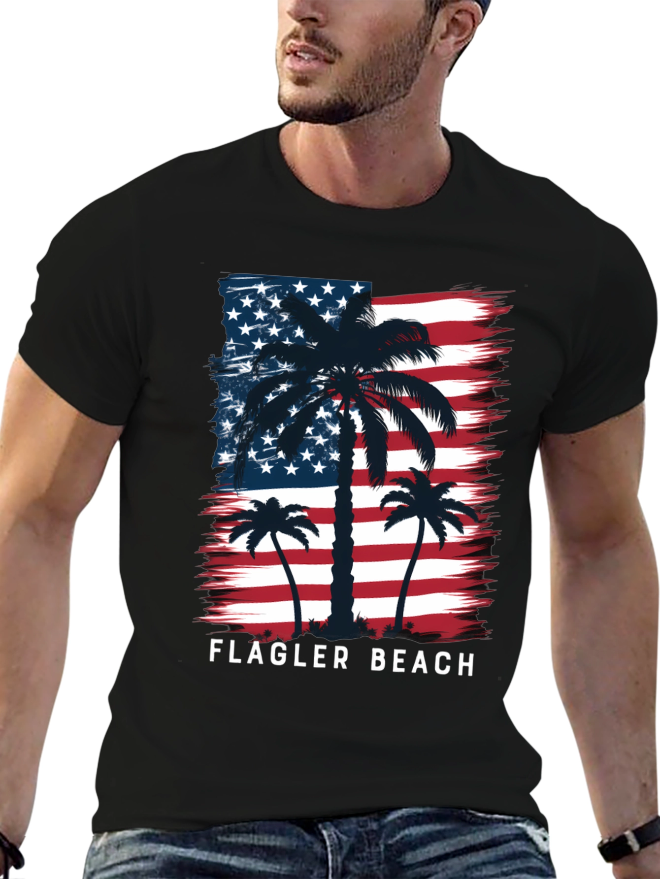 Flagler Beach USA Flag Palm Tree Graphic T-Shirt