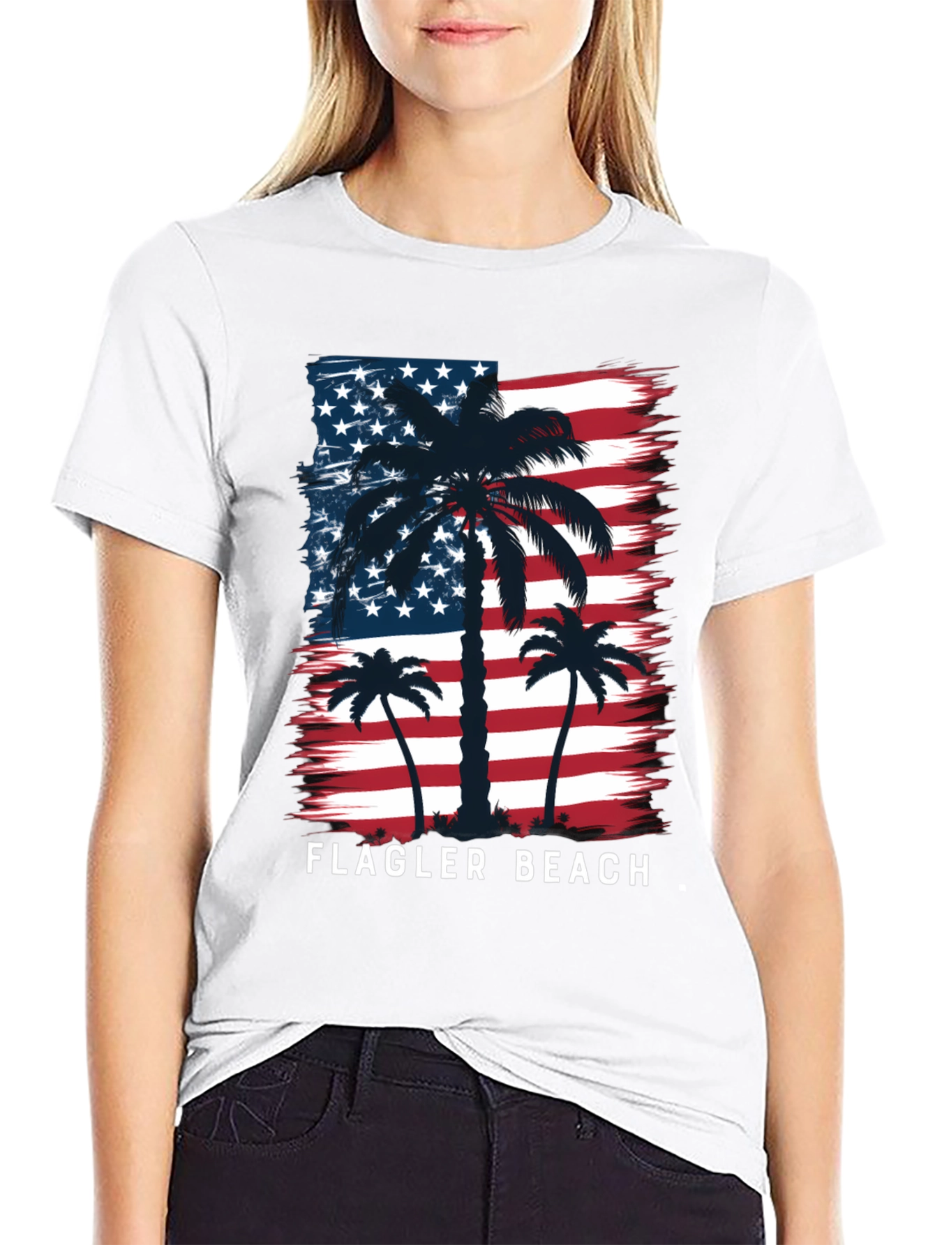 Flagler Beach USA Flag Palm Tree Graphic T-Shirt