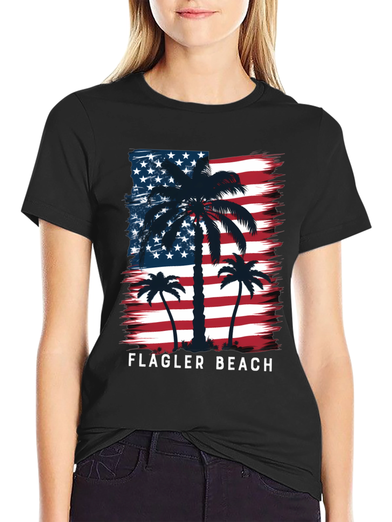 Flagler Beach USA Flag Palm Tree Graphic T-Shirt