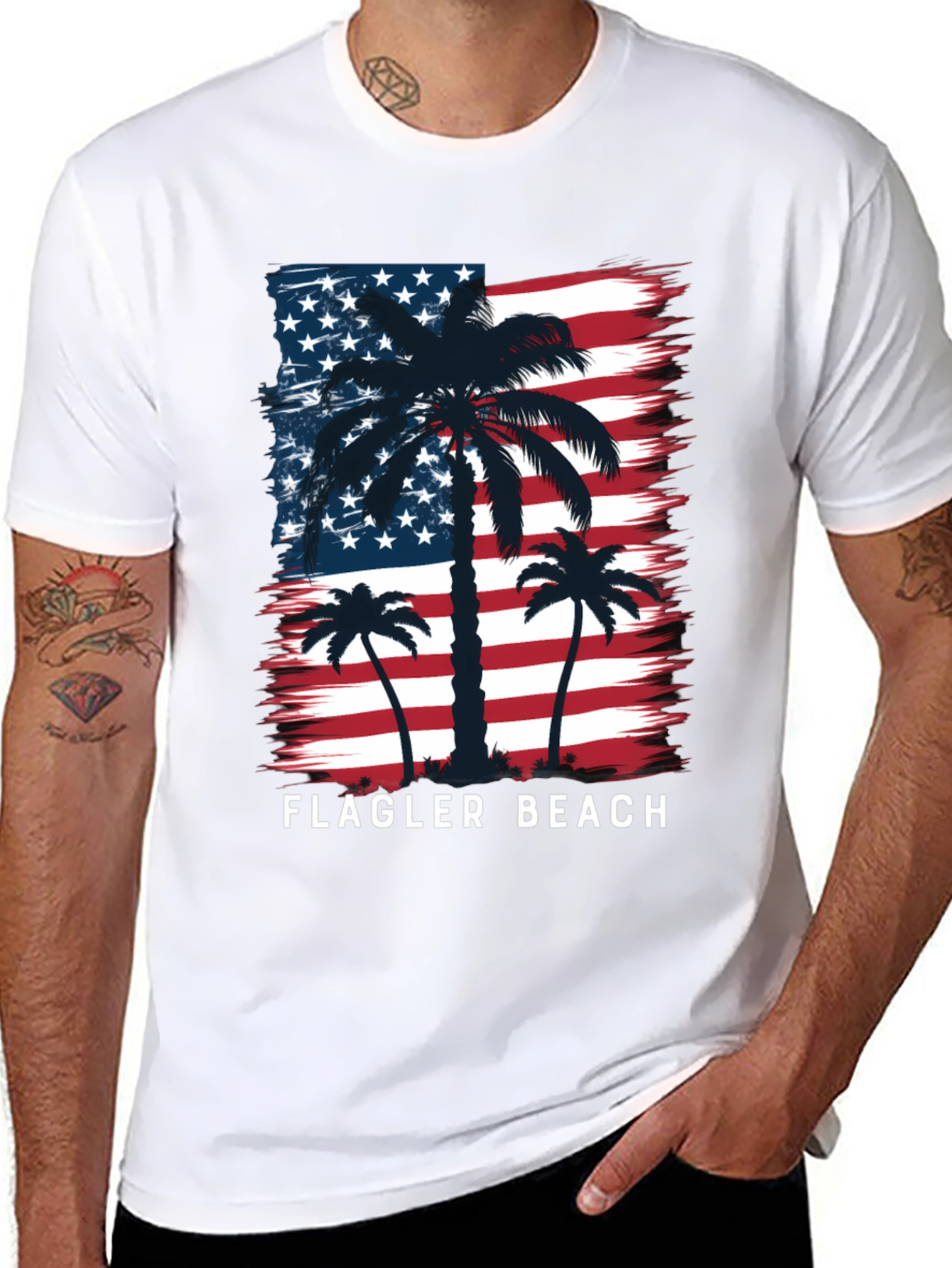 Flagler Beach USA Flag Palm Tree Graphic T-Shirt