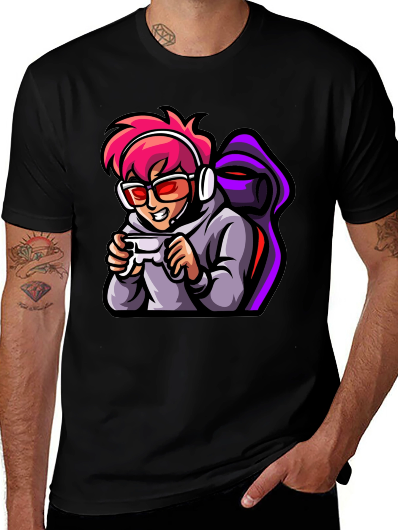 Gamer Cartoon Print Black T-Shirt